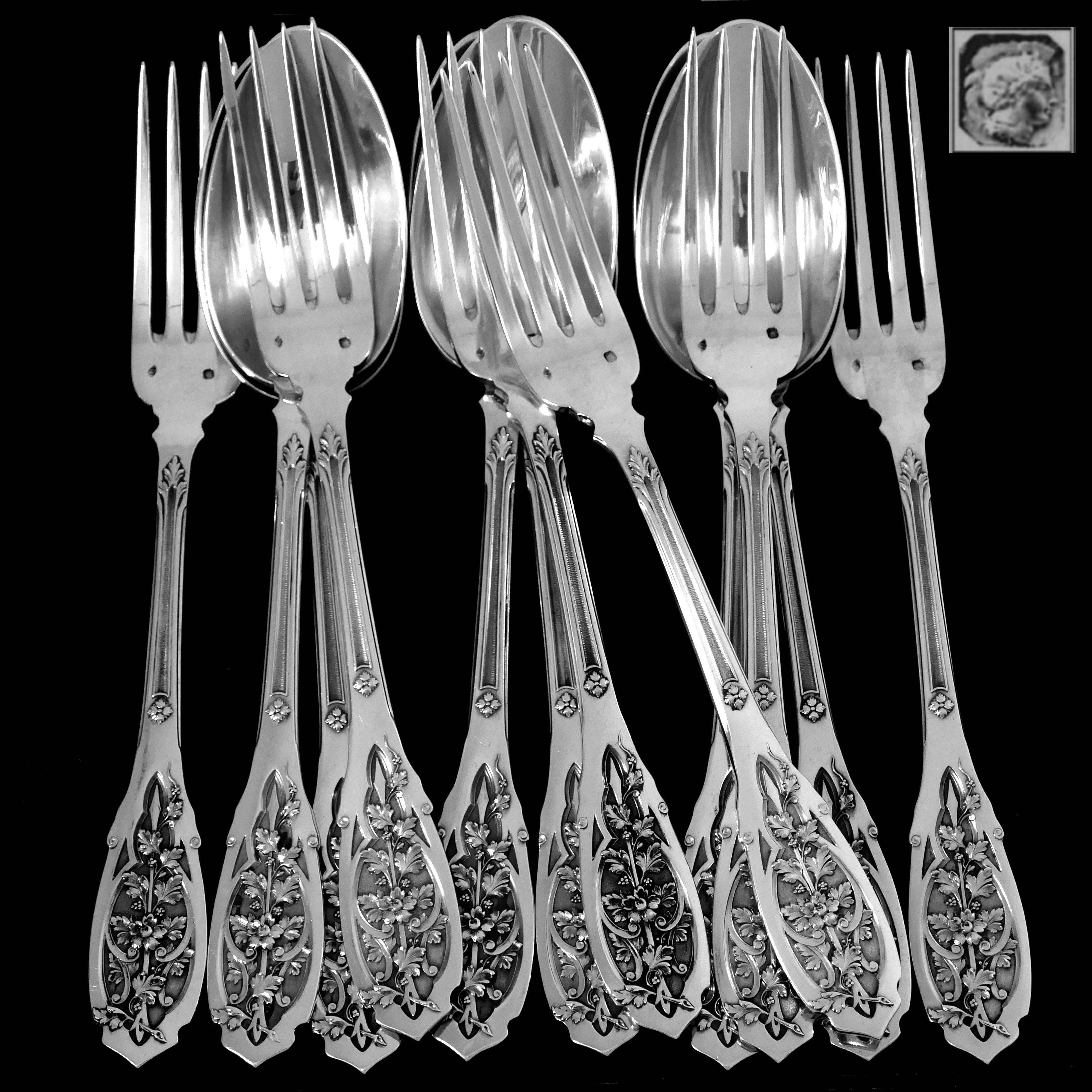 Late 19th Century Puiforcat French Sterling Silver Dinner Flatware Set 12-Piece, Moderne For Sale