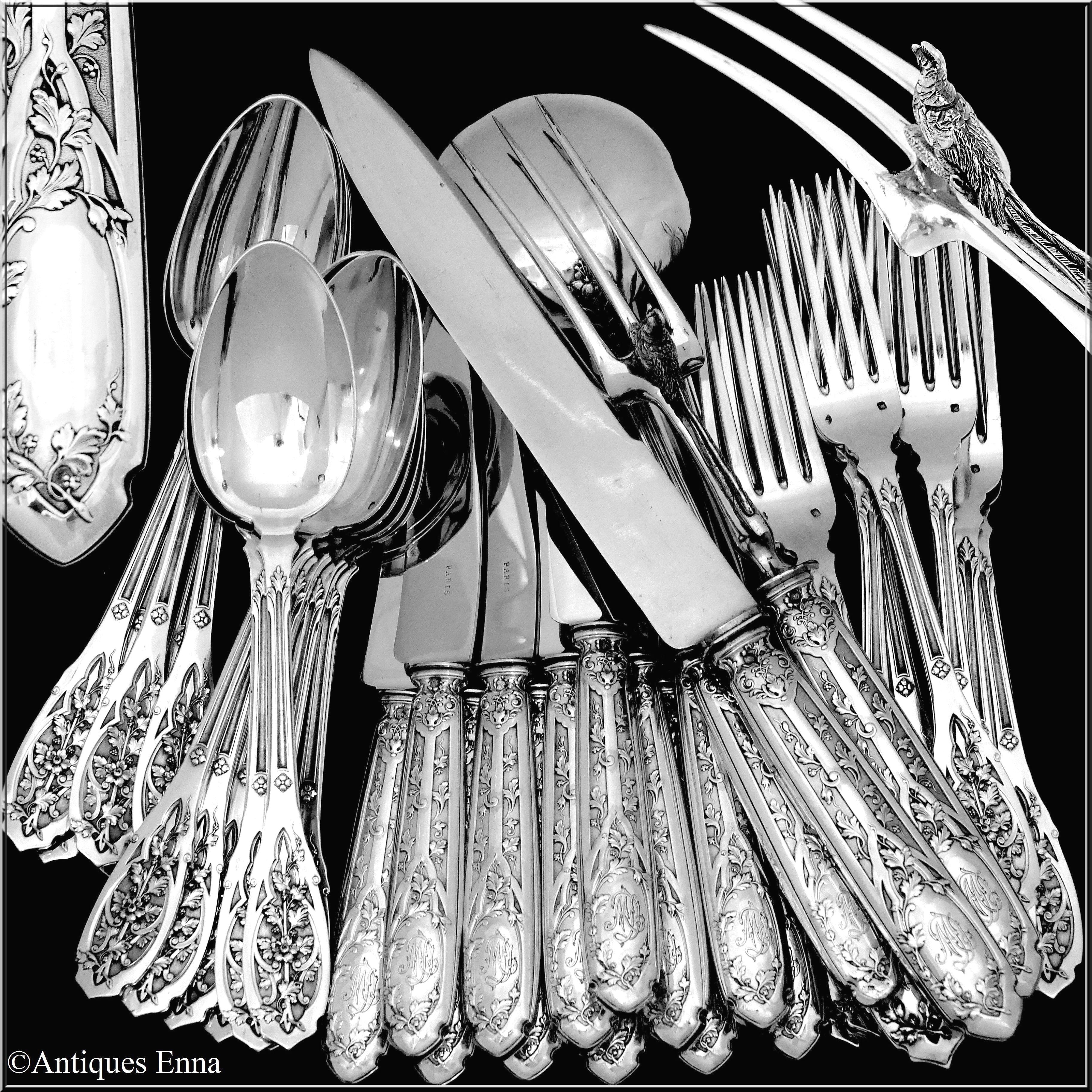 Head of Minerve 1st titre for 950/1000 French sterling silver guarantee for the forks, spoons, soup ladle and carving set handles. 
Head of Mercure 1st titre for 950/1000 French sterling silver guarantee for the server handle. Steel upper parts for