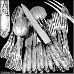 Puiforcat French Sterling Silver Dinner Flatware Set & Serving Pieces, Moderne