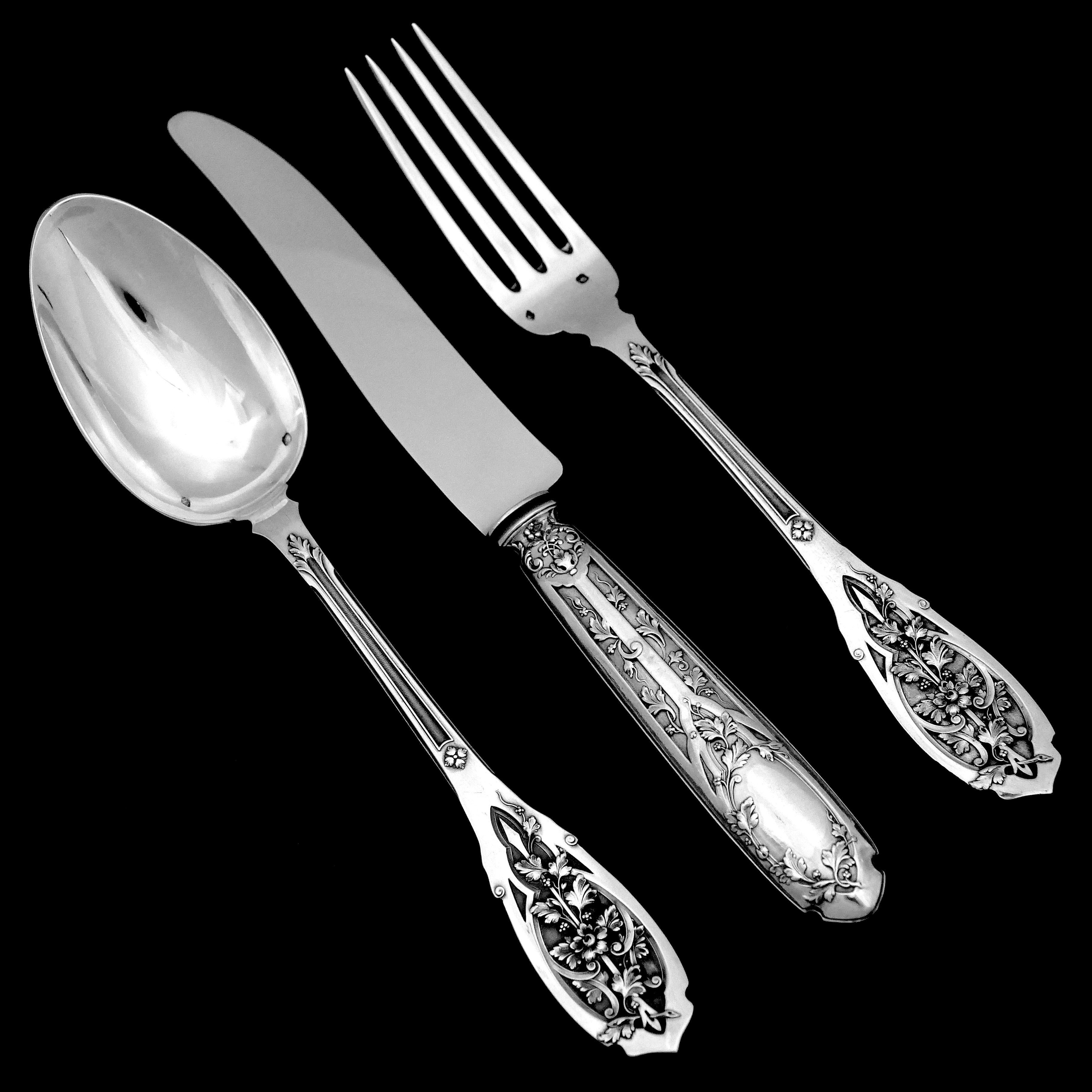 Art Nouveau Puiforcat French Sterling Silver Dinner Flatware Set & Serving Pieces, Moderne