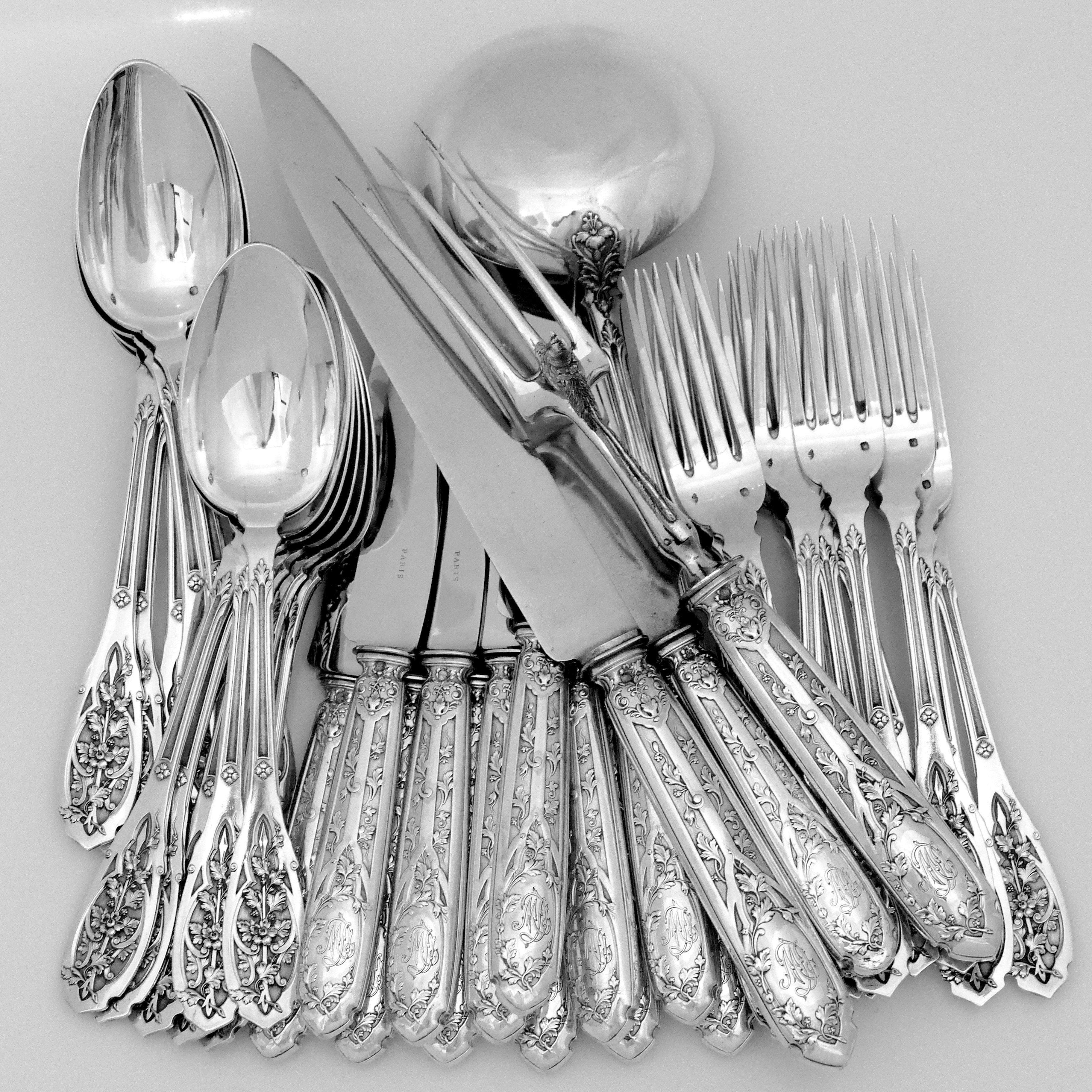 Late 19th Century Puiforcat French Sterling Silver Dinner Flatware Set & Serving Pieces, Moderne