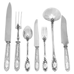 Used Puiforcat French Sterling Silver Dinner Flatware Set & Serving Pieces, Moderne
