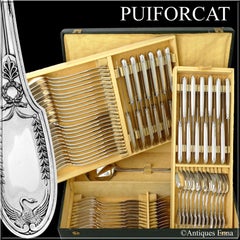 Puiforcat French Sterling Silver Flatware Set of 85 Pieces, Chest, Swan