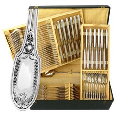 Antique Puiforcat French Sterling Silver Flatware Set of 85 Pieces, Chest, Swan