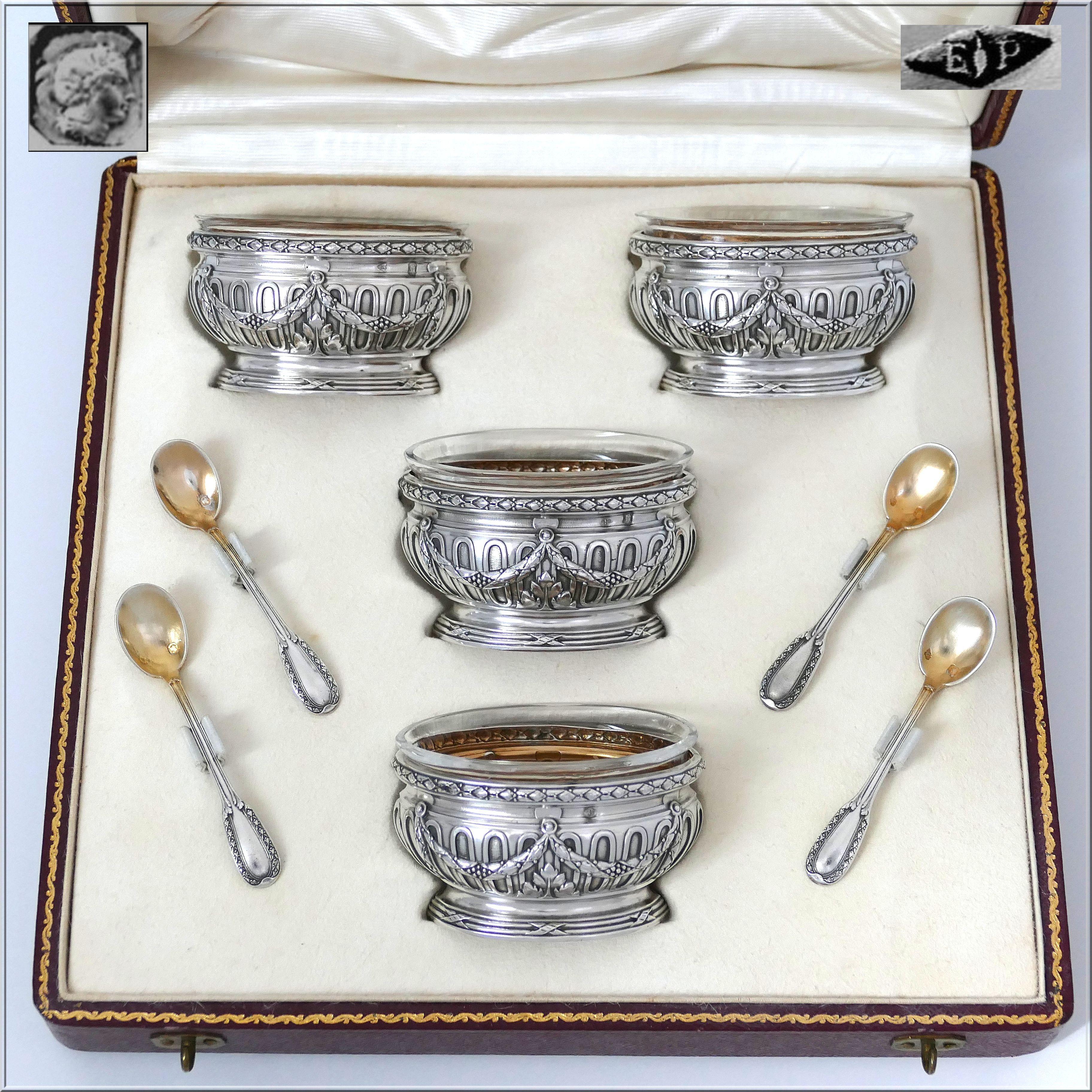 Puiforcat French Sterling Silver Four Salt Cellars, Spoons, Box, Neoclassical For Sale 6