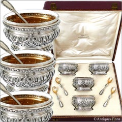Puiforcat French Sterling Silver Four Salt Cellars, Spoons, Box, Neoclassical