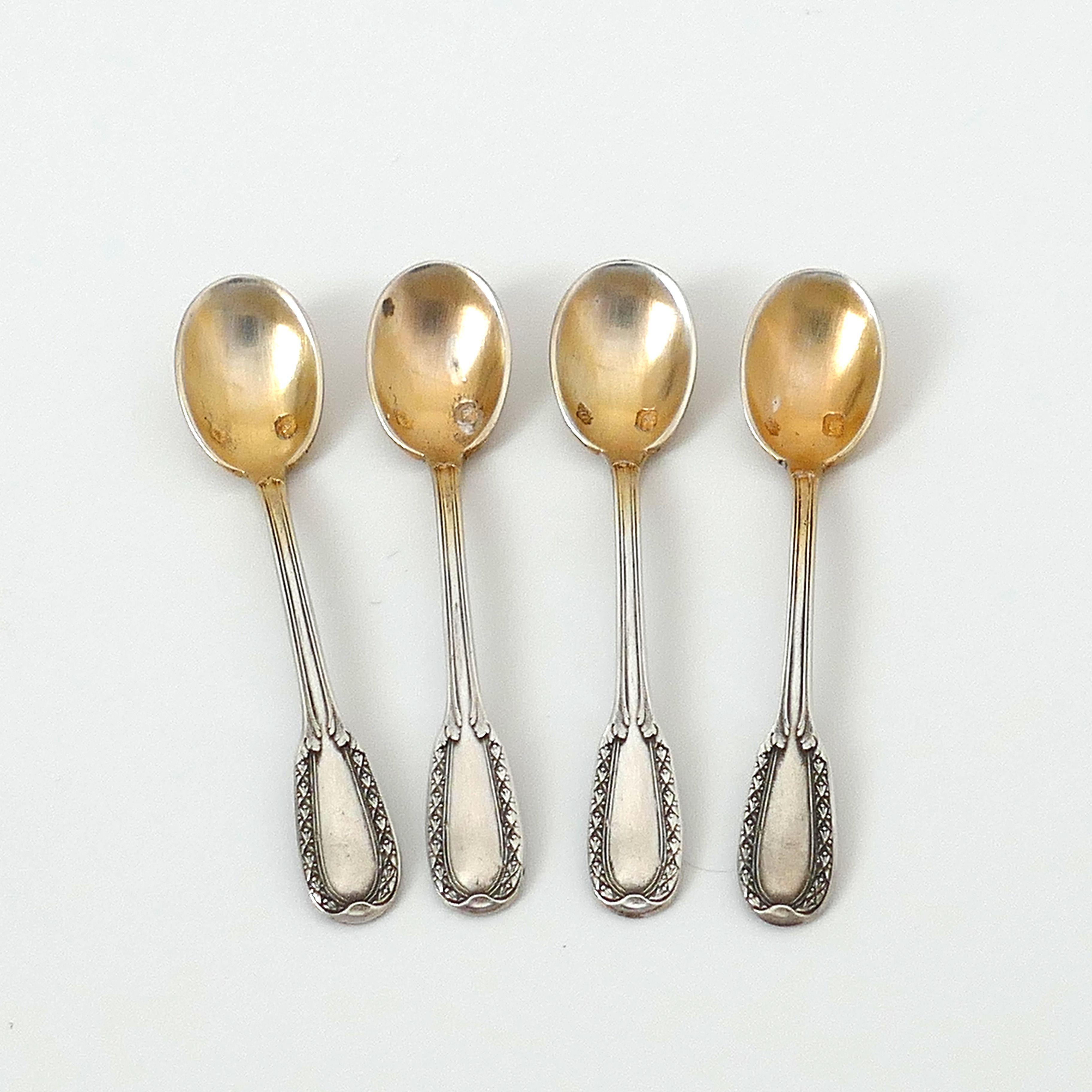 Late 19th Century Puiforcat French Sterling Silver Four Salt Cellars, Spoons, Box, Neoclassical For Sale