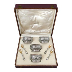 Antique Puiforcat French Sterling Silver Four Salt Cellars, Spoons, Box, Neoclassical