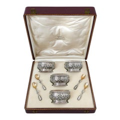 Puiforcat French Sterling Silver Four Salt Cellars, Spoons, Box, Neoclassical