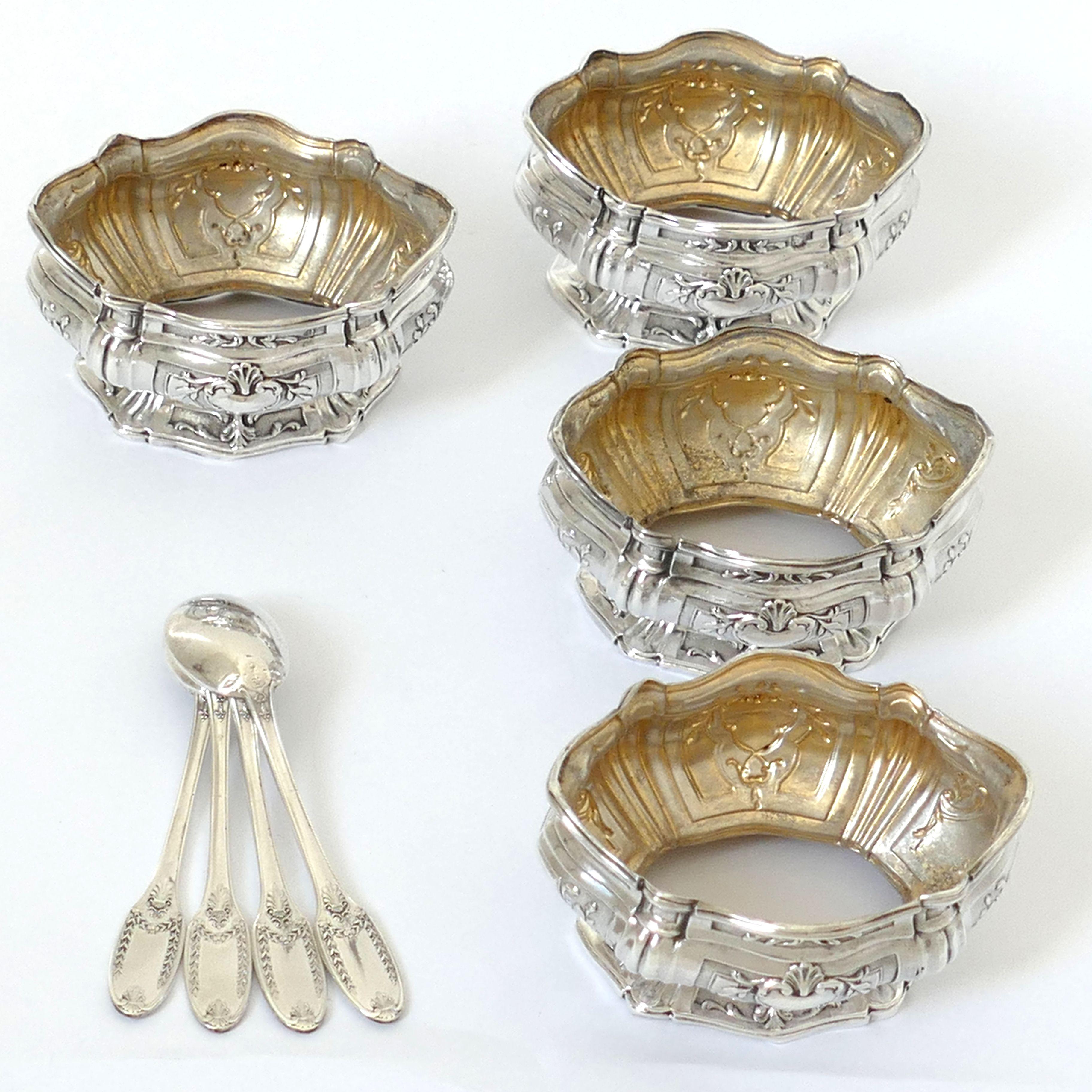 Puiforcat French Sterling Silver Set of Four Salt Cellars with Spoons 3