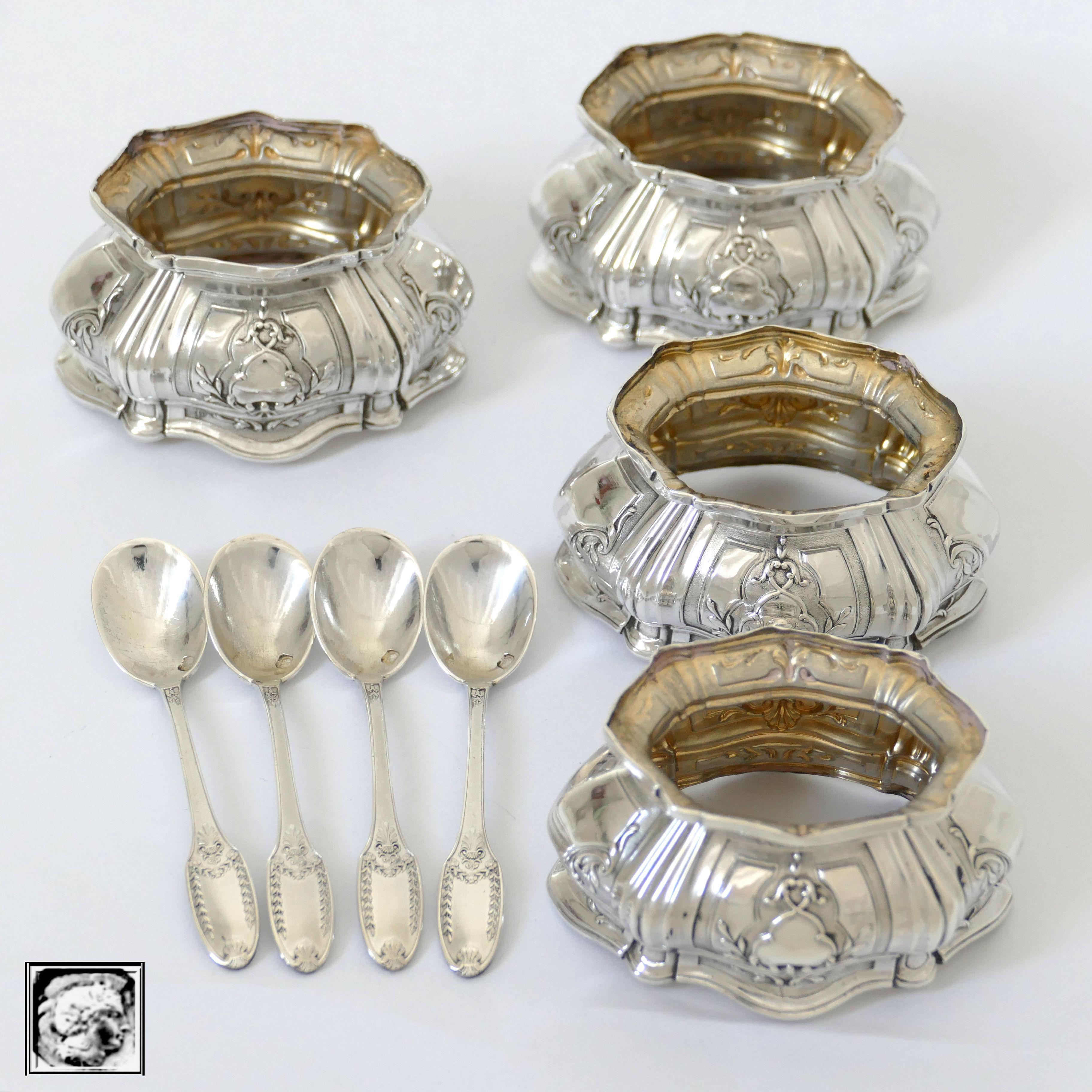 Puiforcat French Sterling Silver Set of Four Salt Cellars with Spoons 4