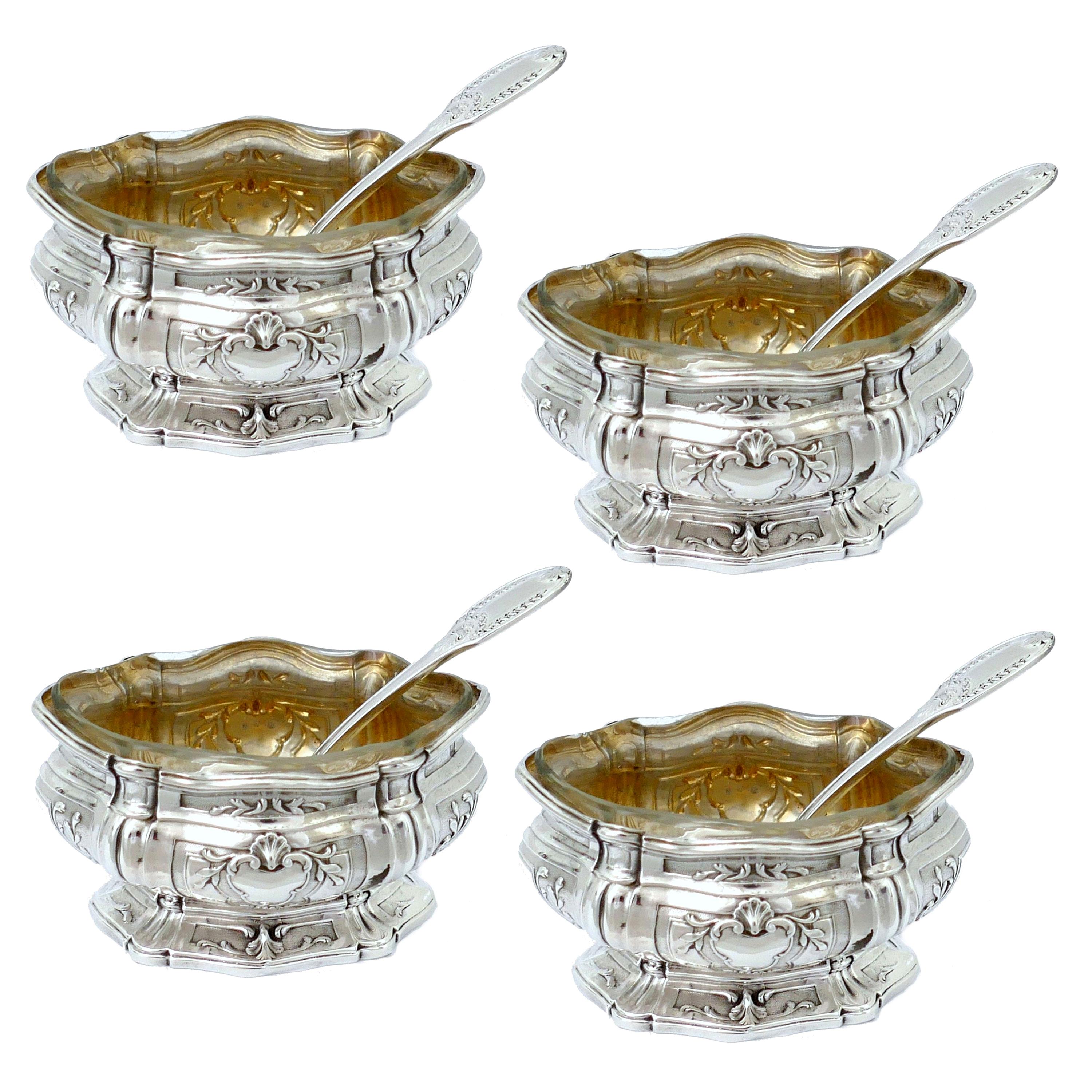Puiforcat French Sterling Silver Set of Four Salt Cellars with Spoons