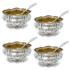 Antique Puiforcat French Sterling Silver Set of Four Salt Cellars with Spoons