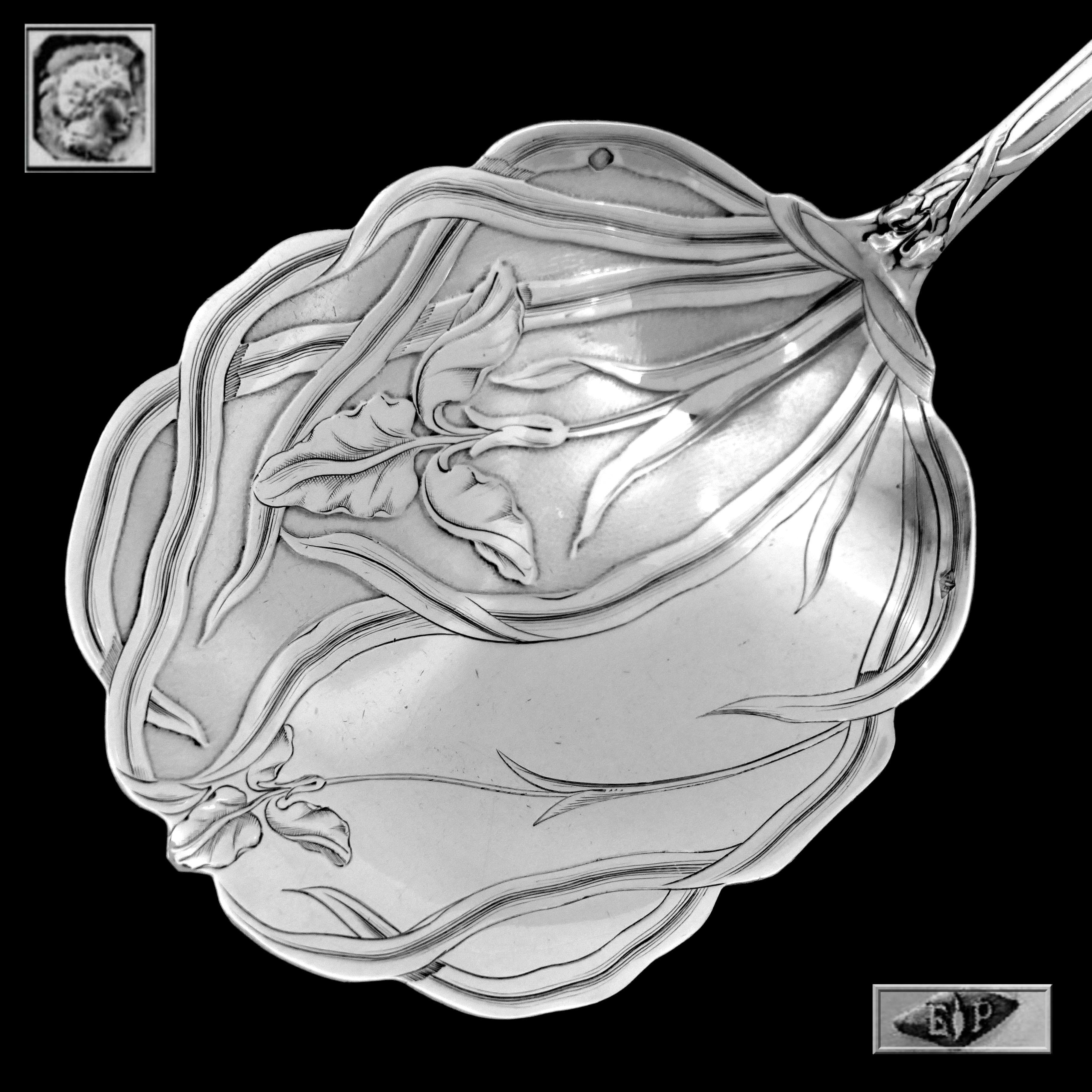 Art Nouveau Puiforcat French Sterling Silver Strawberry Spoon, Iris For Sale