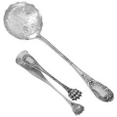 Puiforcat French Sterling Silver Sugar Sifter Spoon and Sugar Tongs