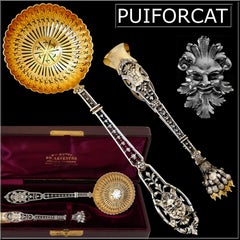 Puiforcat French Sterling Silver Sugar Sifter Spoon and Sugar Tongs, Mascaron