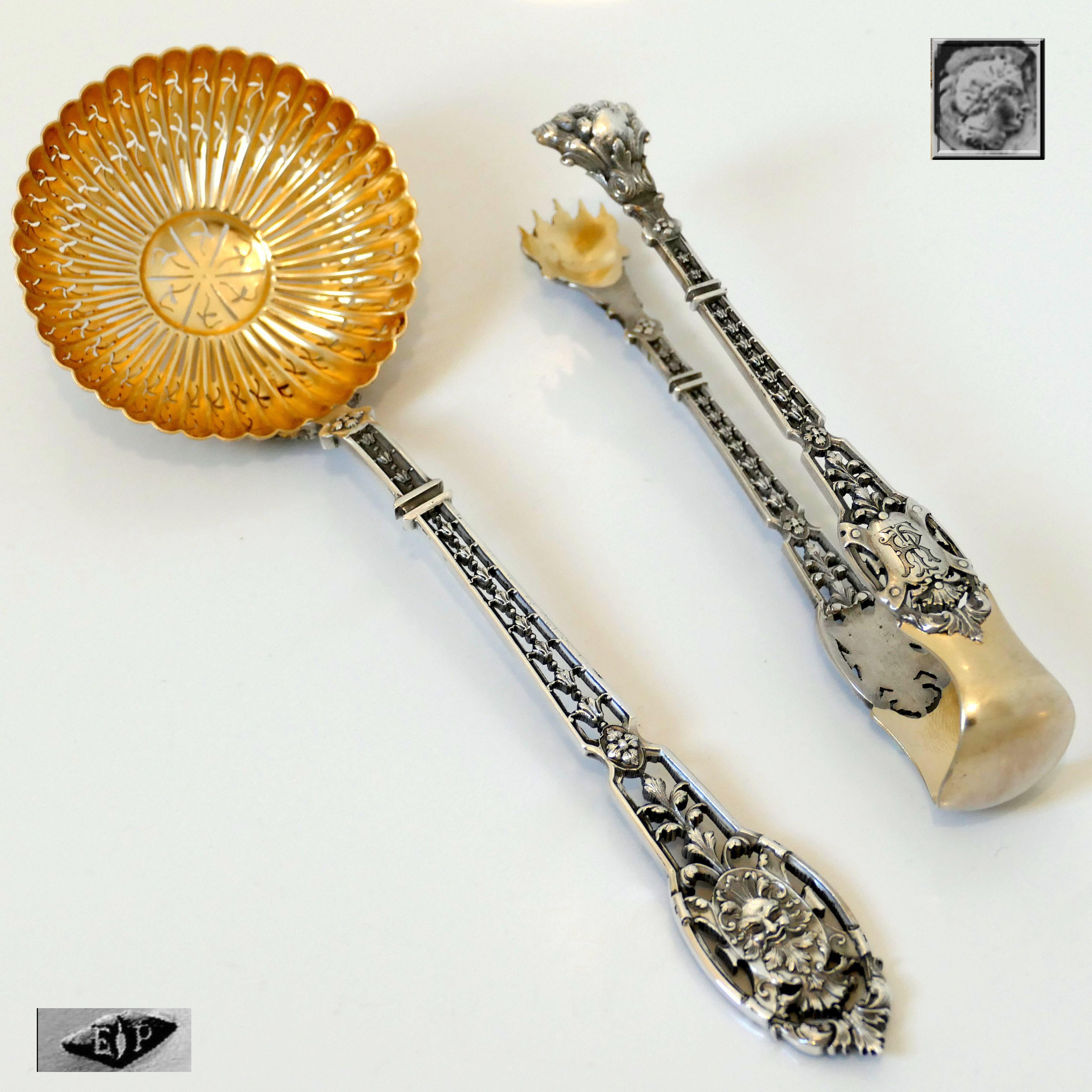 Puiforcat French Sterling Silver Sugar Sifter Spoon and Sugar Tongs, Mascaron In Good Condition For Sale In TRIAIZE, PAYS DE LOIRE
