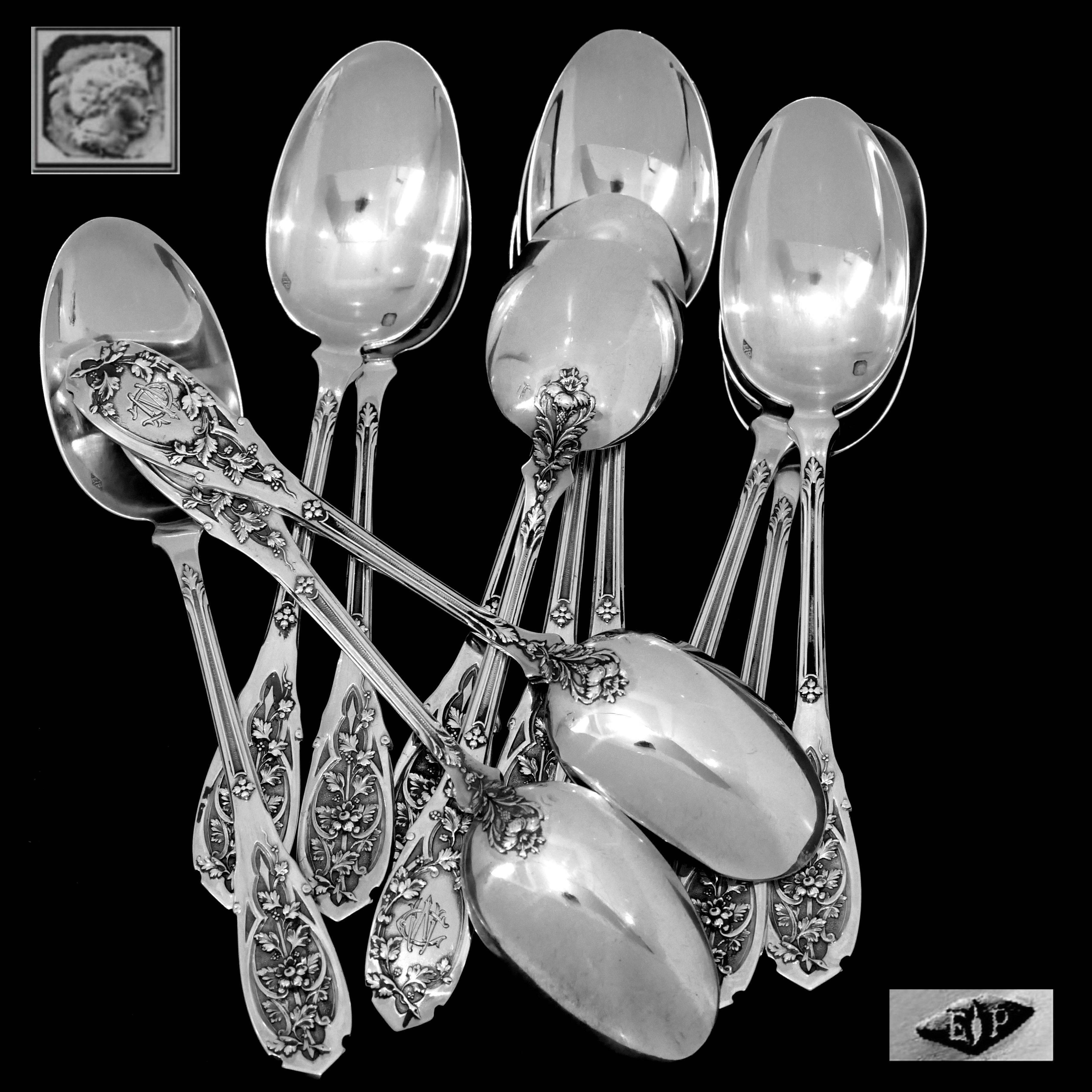 Art Nouveau Puiforcat French Sterling Silver Tea Coffee Dessert Spoons Set 12 Pc, Moderne
