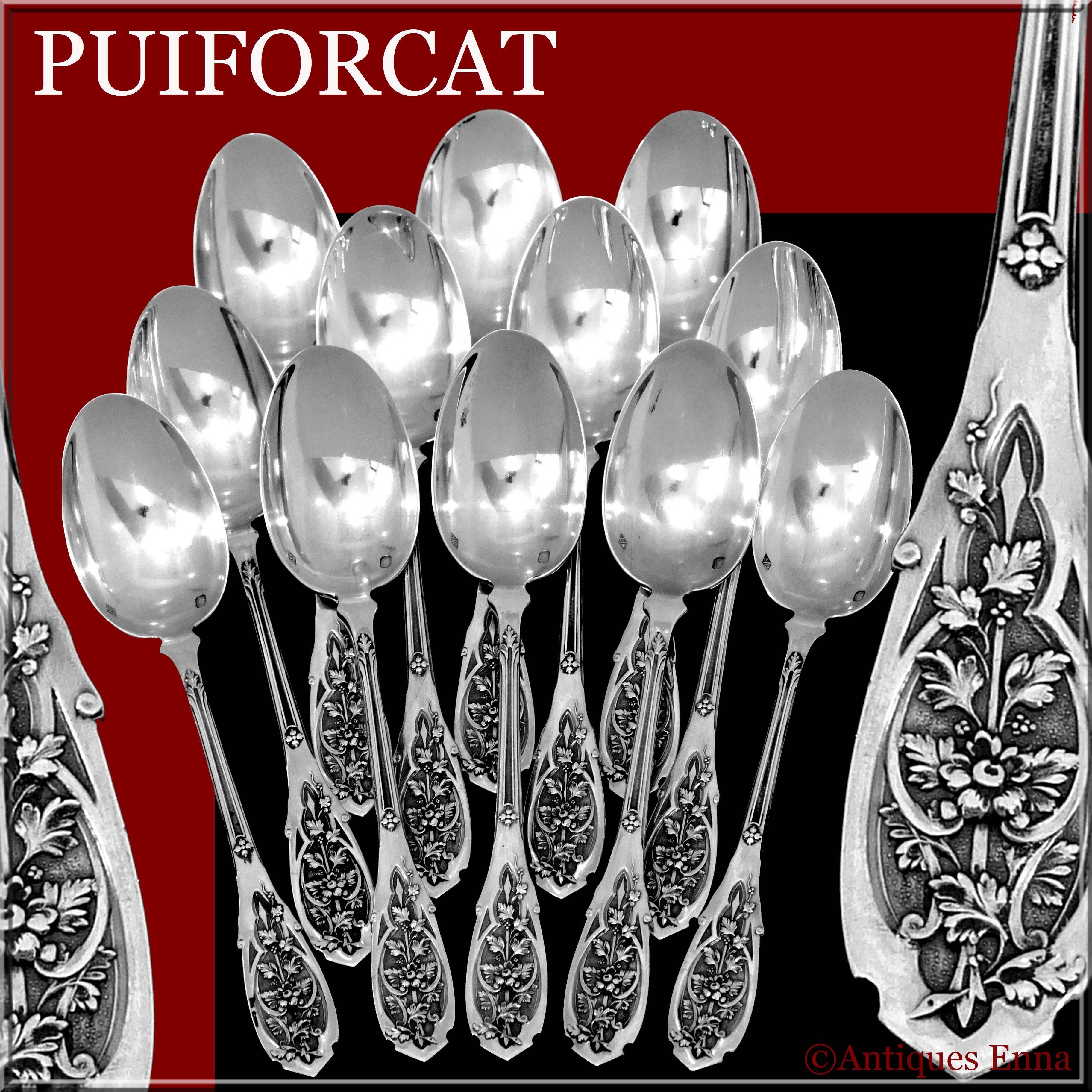 Late 19th Century Puiforcat French Sterling Silver Tea Coffee Dessert Spoons Set 12 Pc, Moderne