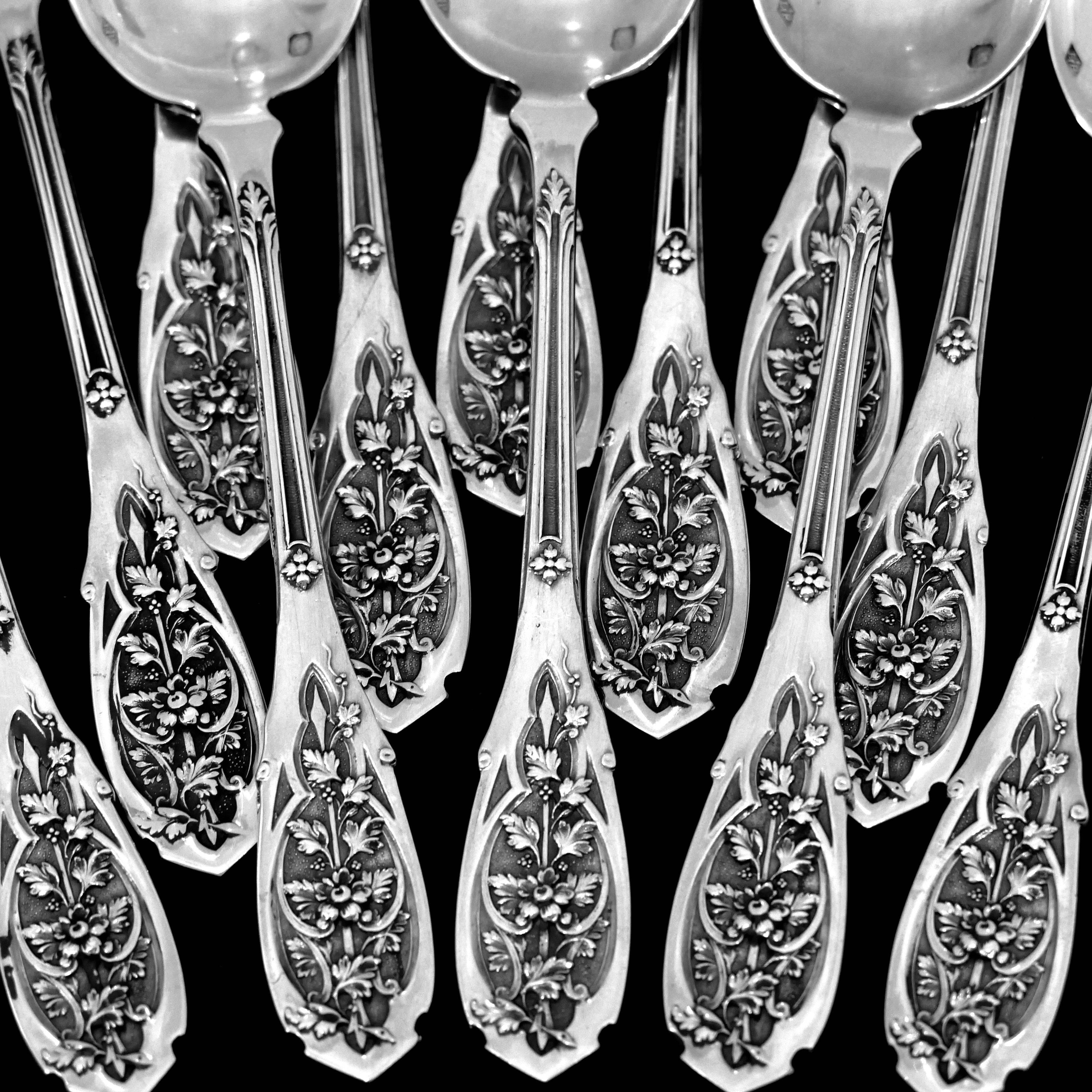Puiforcat French Sterling Silver Tea Coffee Dessert Spoons Set 12 Pc, Moderne 1