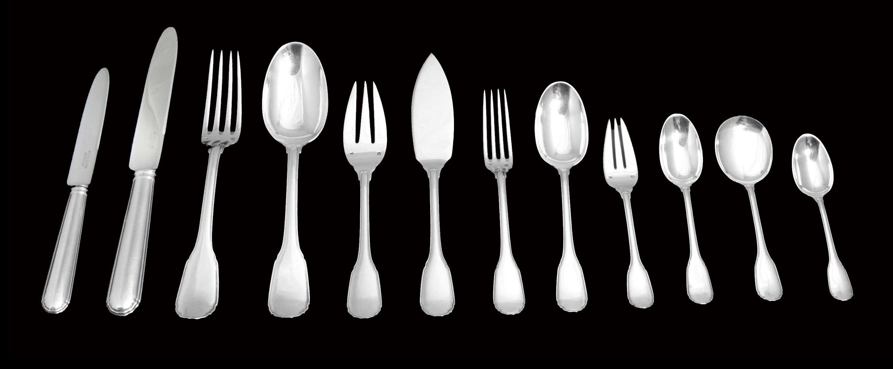 Direct from Paris, A Superb 169pc.  19th Century 950 Sterling Silver Flatware Set with 19 Serving Pieces (Noailles Pattern) by the World's Premier French Silversmith 