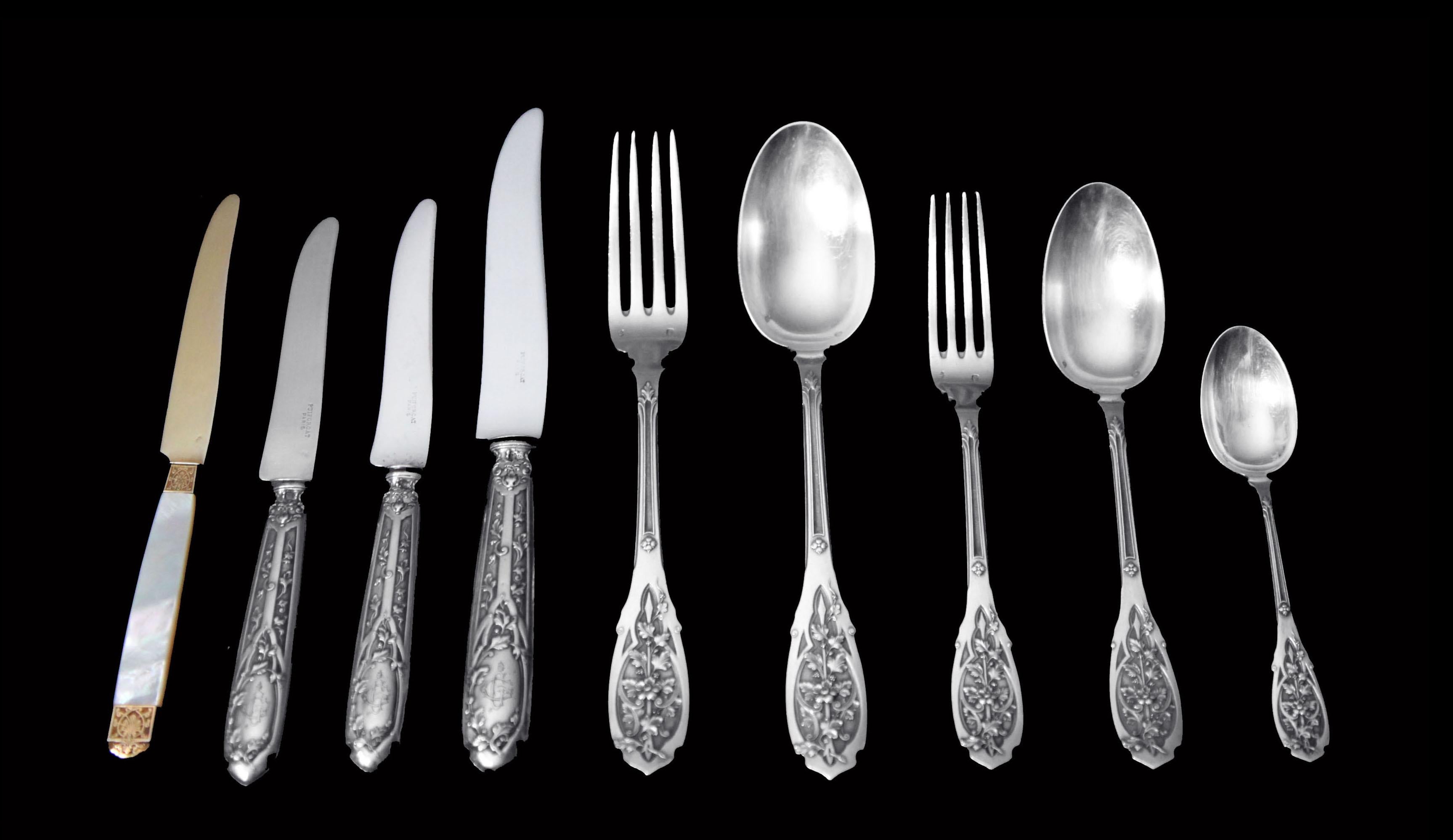 Direct from Paris, a Magnificent 170pc. 950 Sterling Silver Art Nouveau Flatware Set with 8 Serving Pieces by the World's Premier French Silversmith 