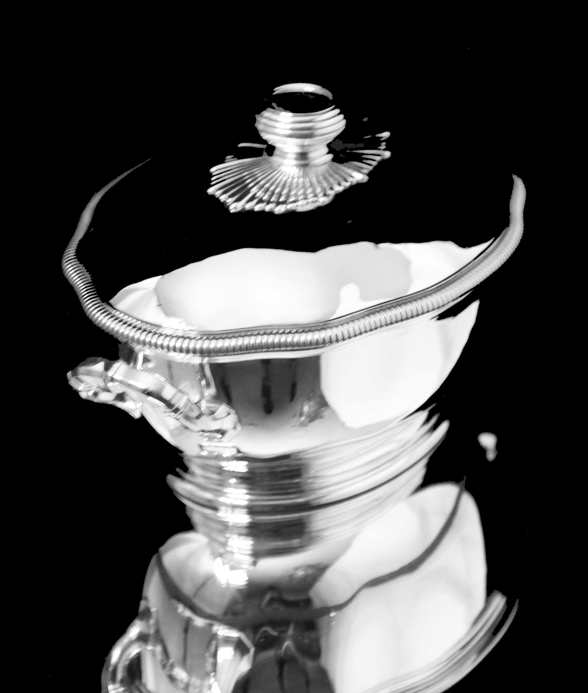 20th Century Puiforcat (Hermes) - 4pc. Antique French 950 Sterling Silver Covered Tureen For Sale