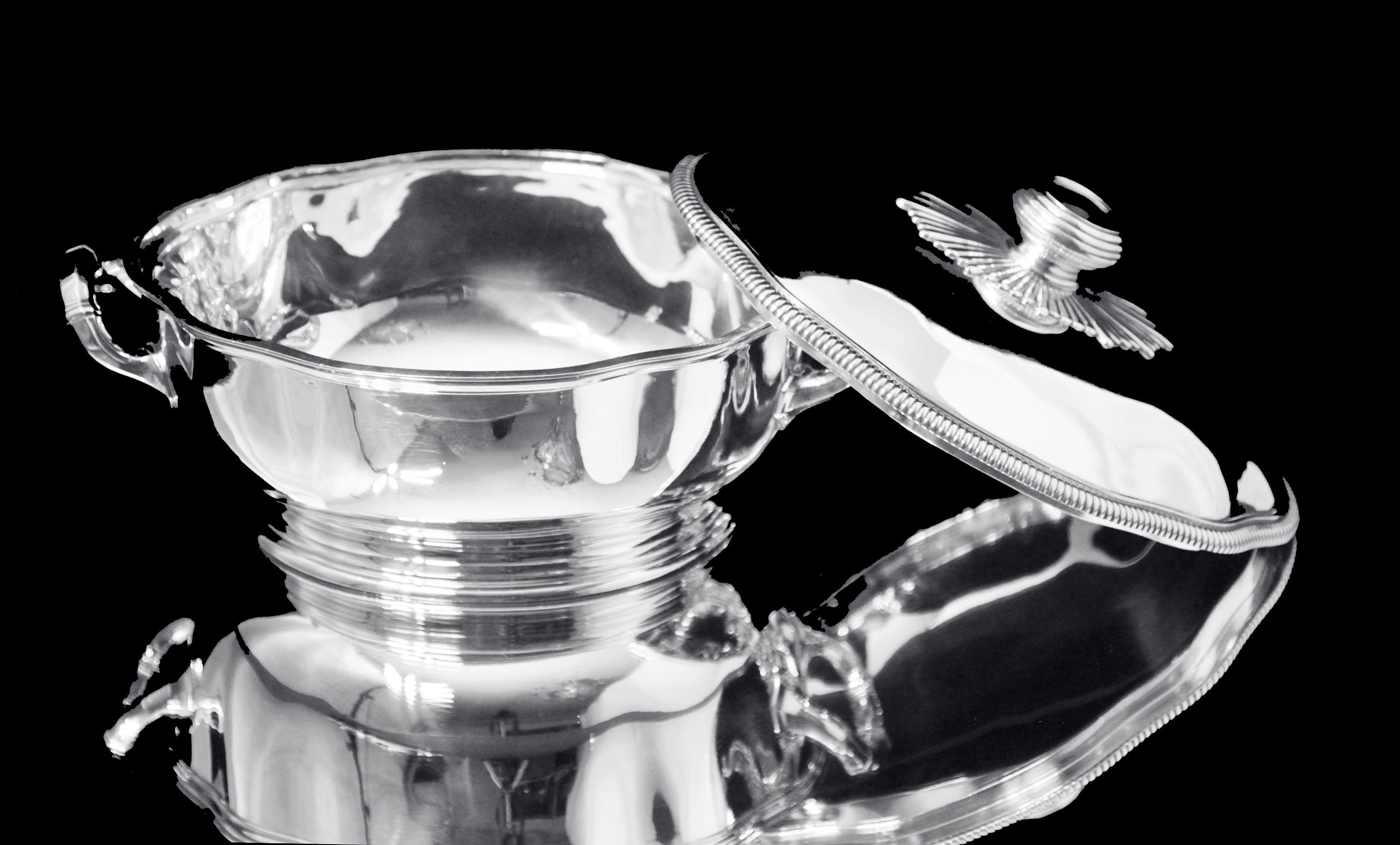 20th Century Puiforcat (Hermes) - 4pc. Antique French 950 Sterling Silver Covered Tureen For Sale