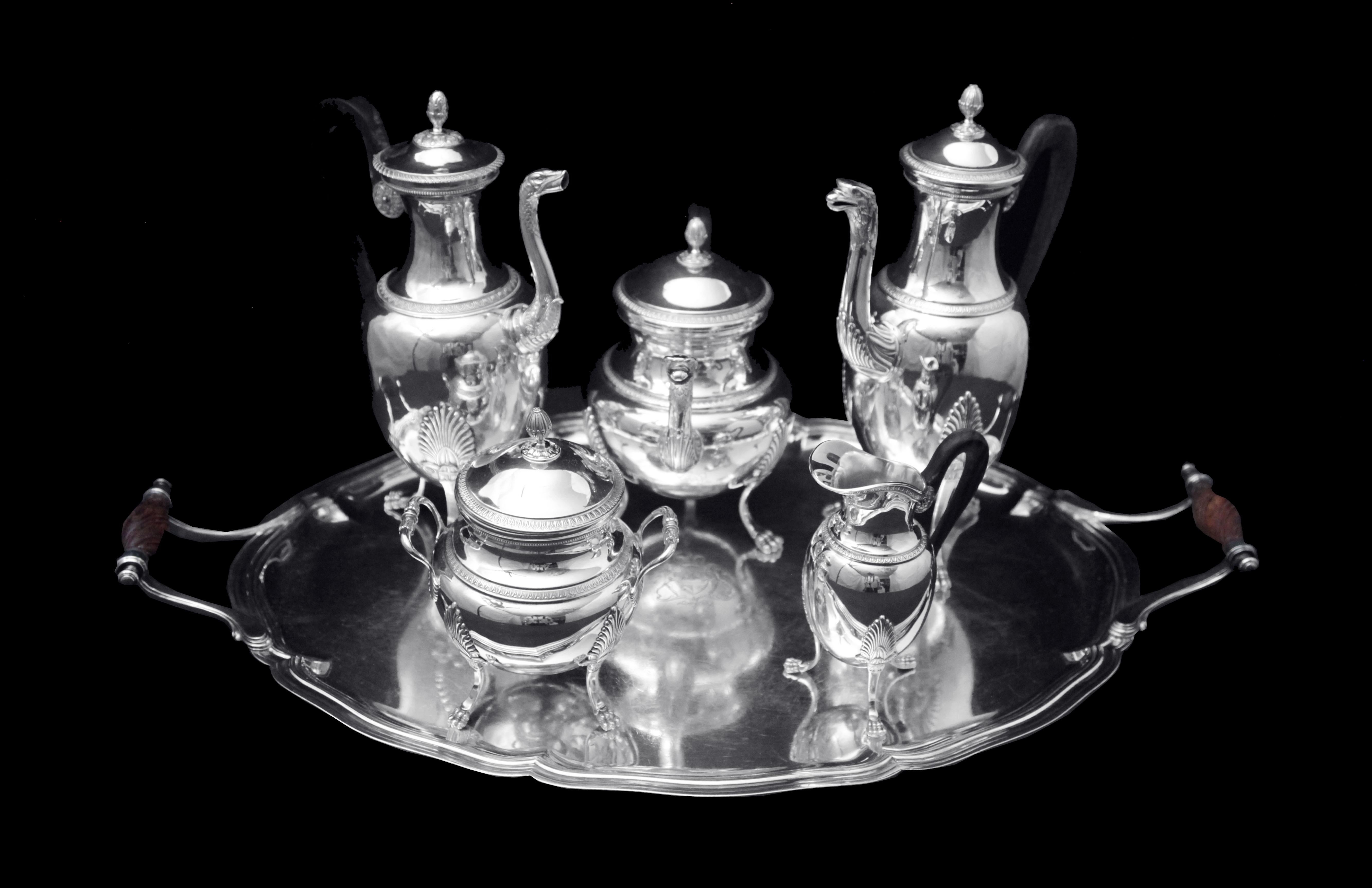 Français Puiforcat (Hermes) -  6pc.  Service à thé Empire français en argent sterling, comme neuf ! en vente