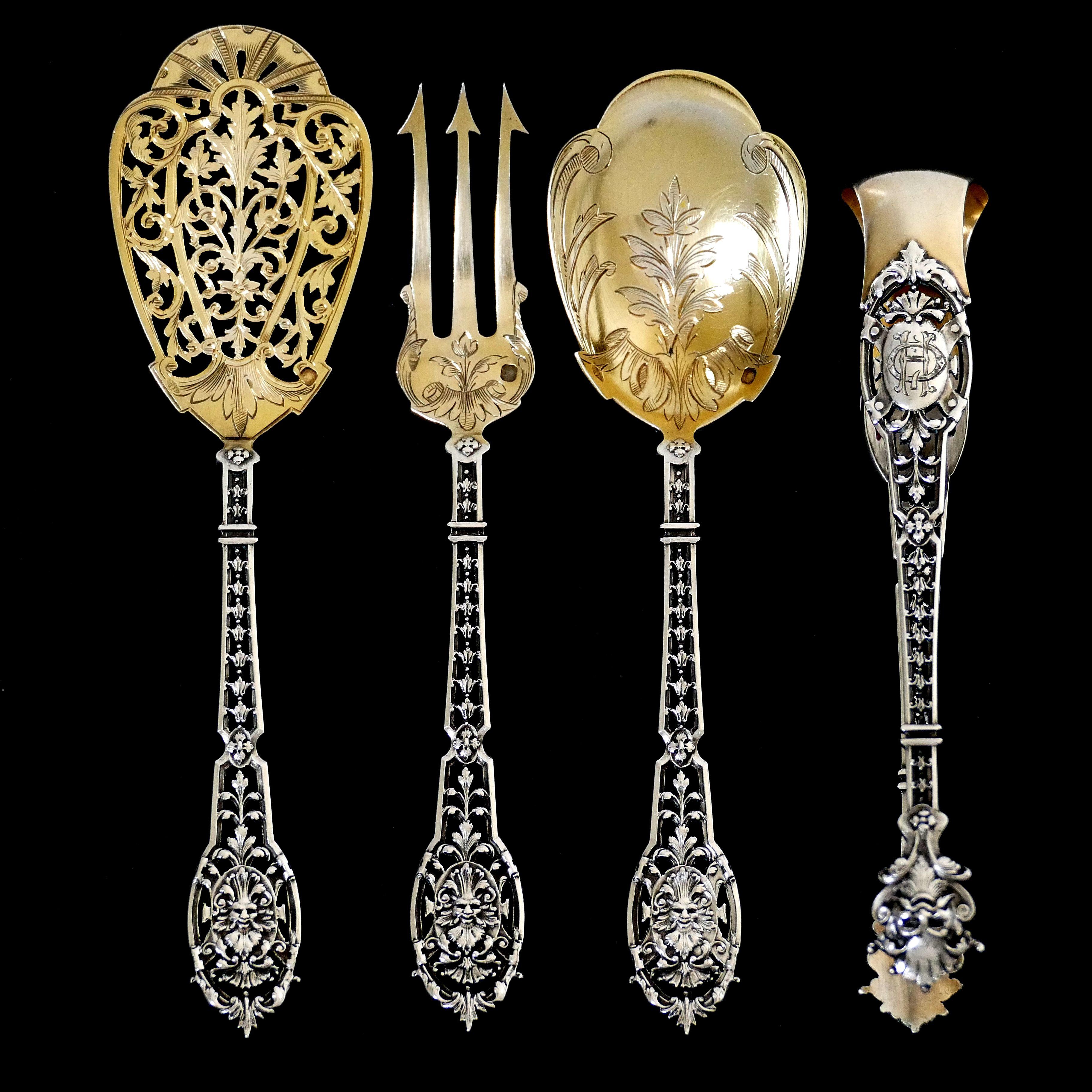 Late 19th Century Puiforcat Masterpiece French All Sterling Silver 18k Gold Dessert Set, Mascaron For Sale
