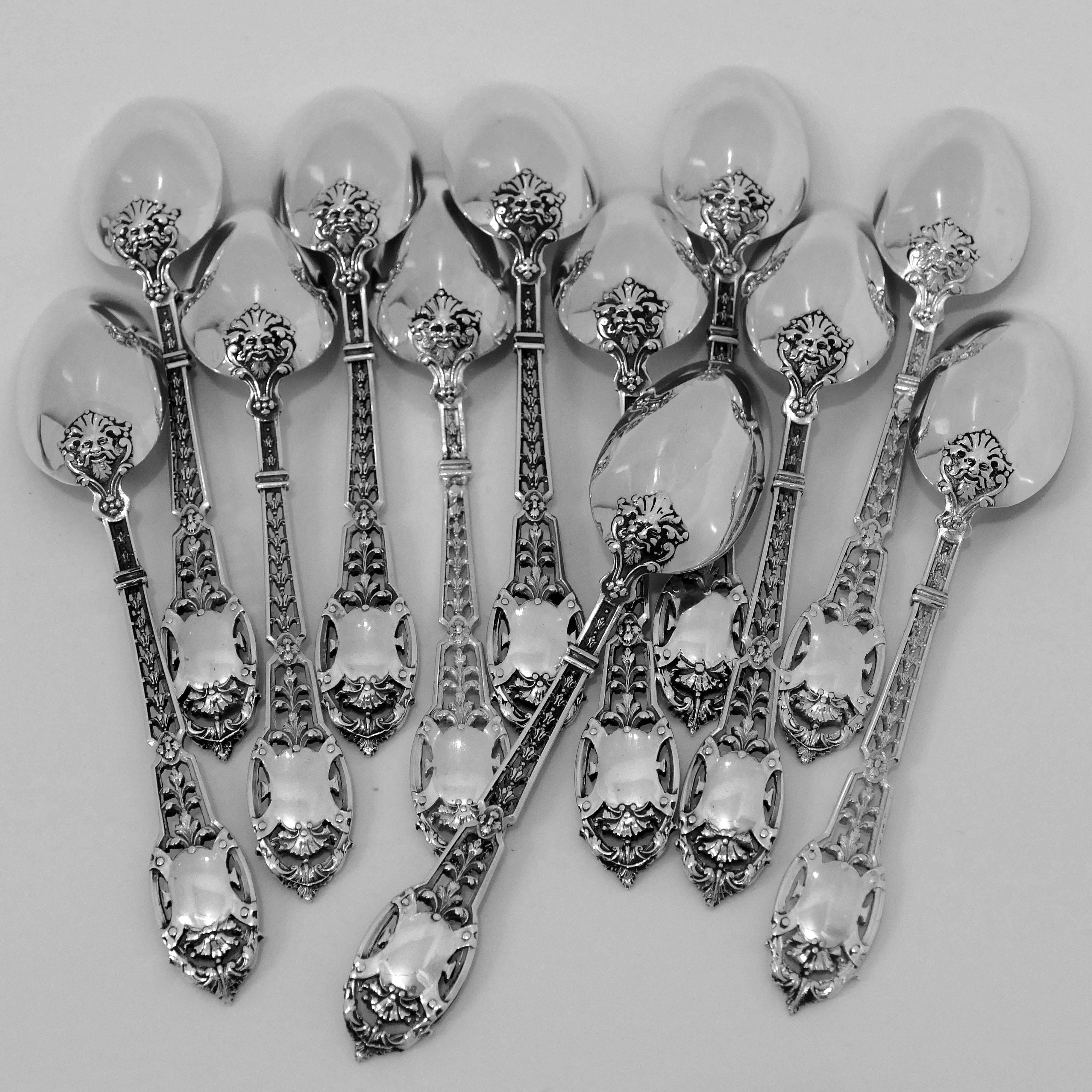 Late 19th Century Puiforcat Masterpiece French Sterling Silver 18k Gold Dessert Set 15 Pc Mascaron For Sale