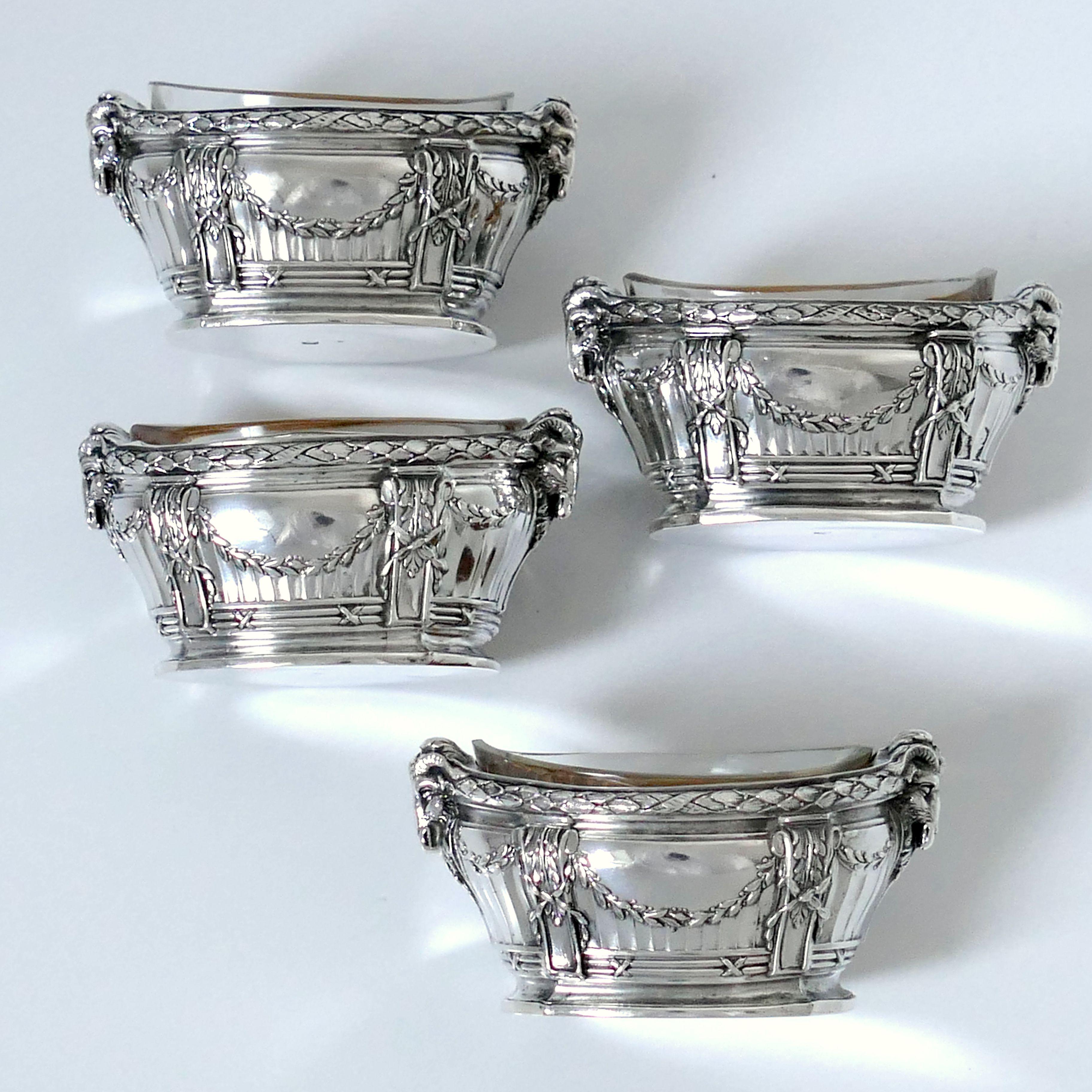 Late 19th Century Puiforcat Masterpiece French Sterling Silver Four Salt Cellars, Box, Ram's Head For Sale