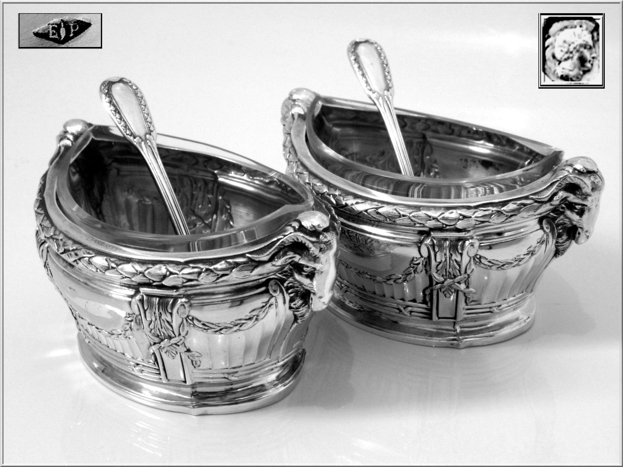 Neoclassical Puiforcat Masterpiece Sterling Silver Salt Cellars Pair, Spoons, Ram's Head For Sale