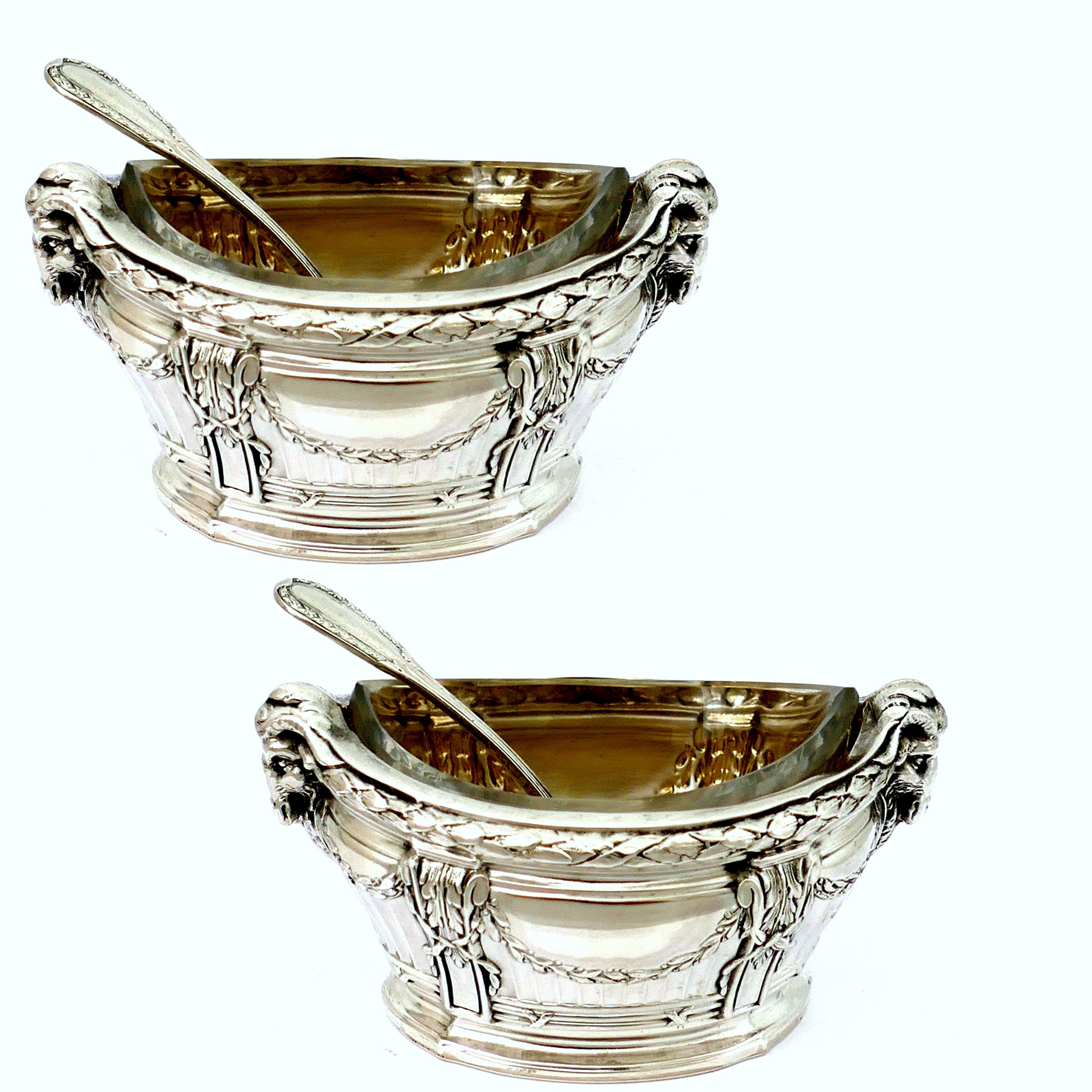 French Puiforcat Masterpiece Sterling Silver Salt Cellars Pair, Spoons, Ram's Head For Sale
