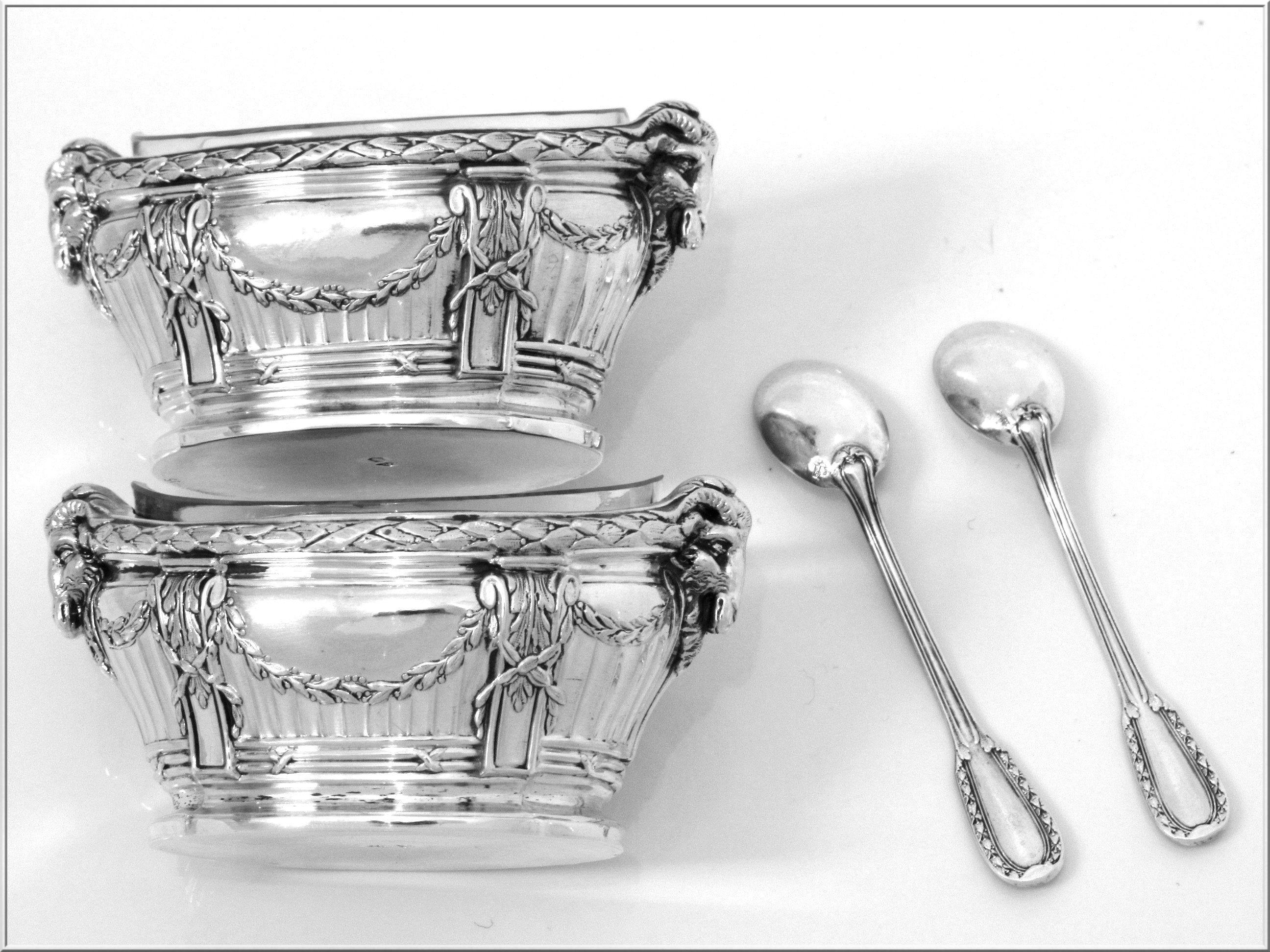 Puiforcat Masterpiece Sterling Silver Salt Cellars Pair, Spoons, Ram's Head In Good Condition For Sale In TRIAIZE, PAYS DE LOIRE