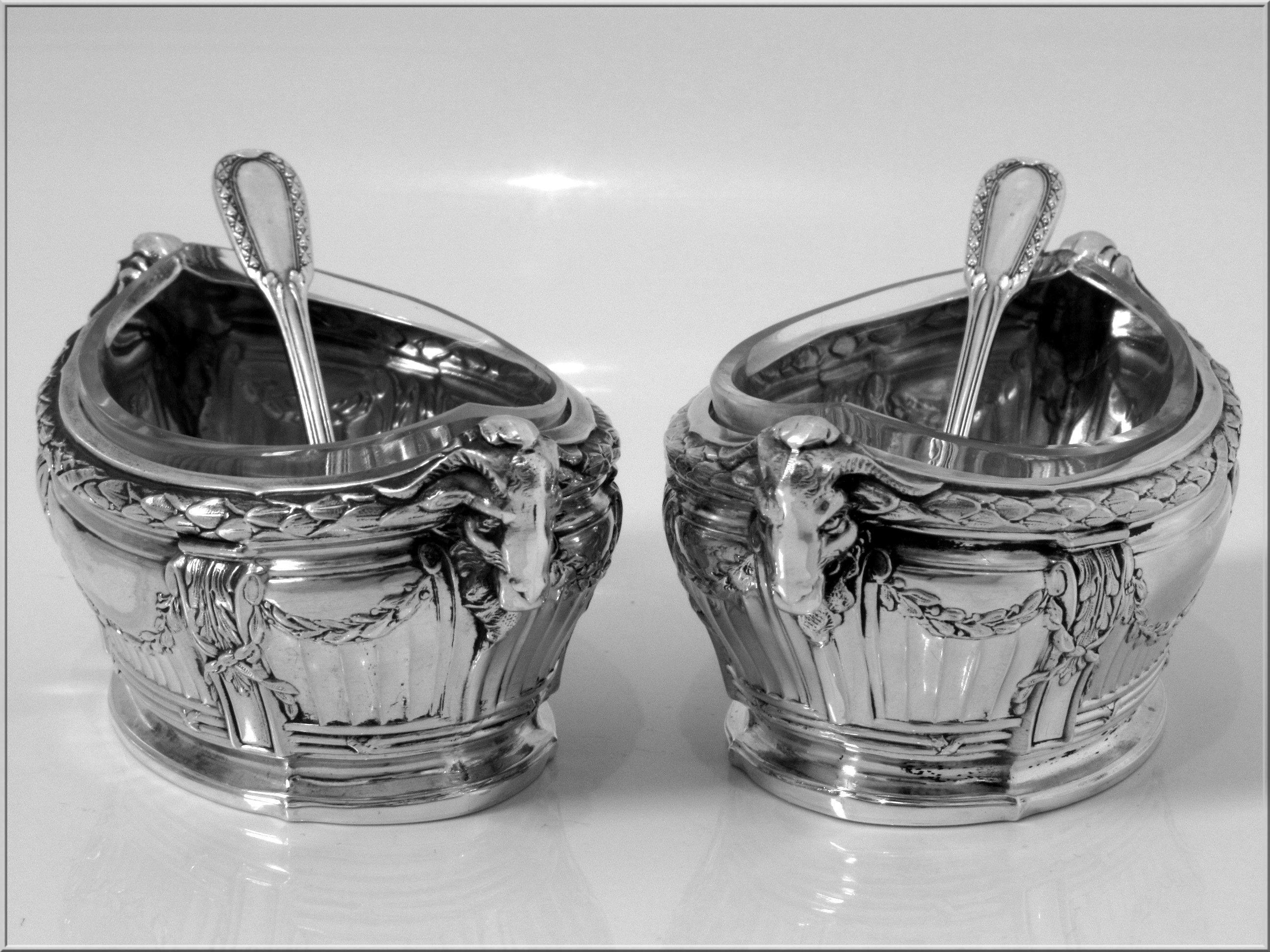 Late 19th Century Puiforcat Masterpiece Sterling Silver Salt Cellars Pair, Spoons, Ram's Head For Sale
