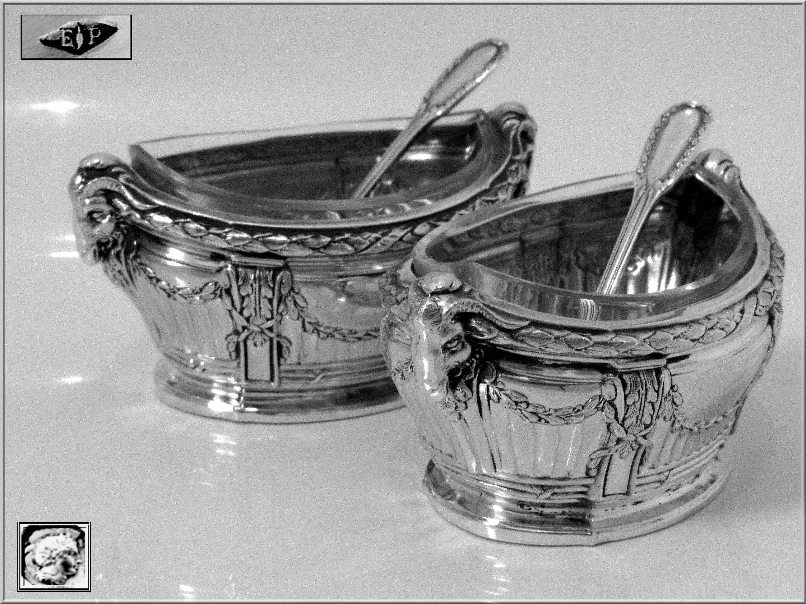 Puiforcat Masterpiece Sterling Silver Salt Cellars Pair, Spoons, Ram's Head For Sale 2