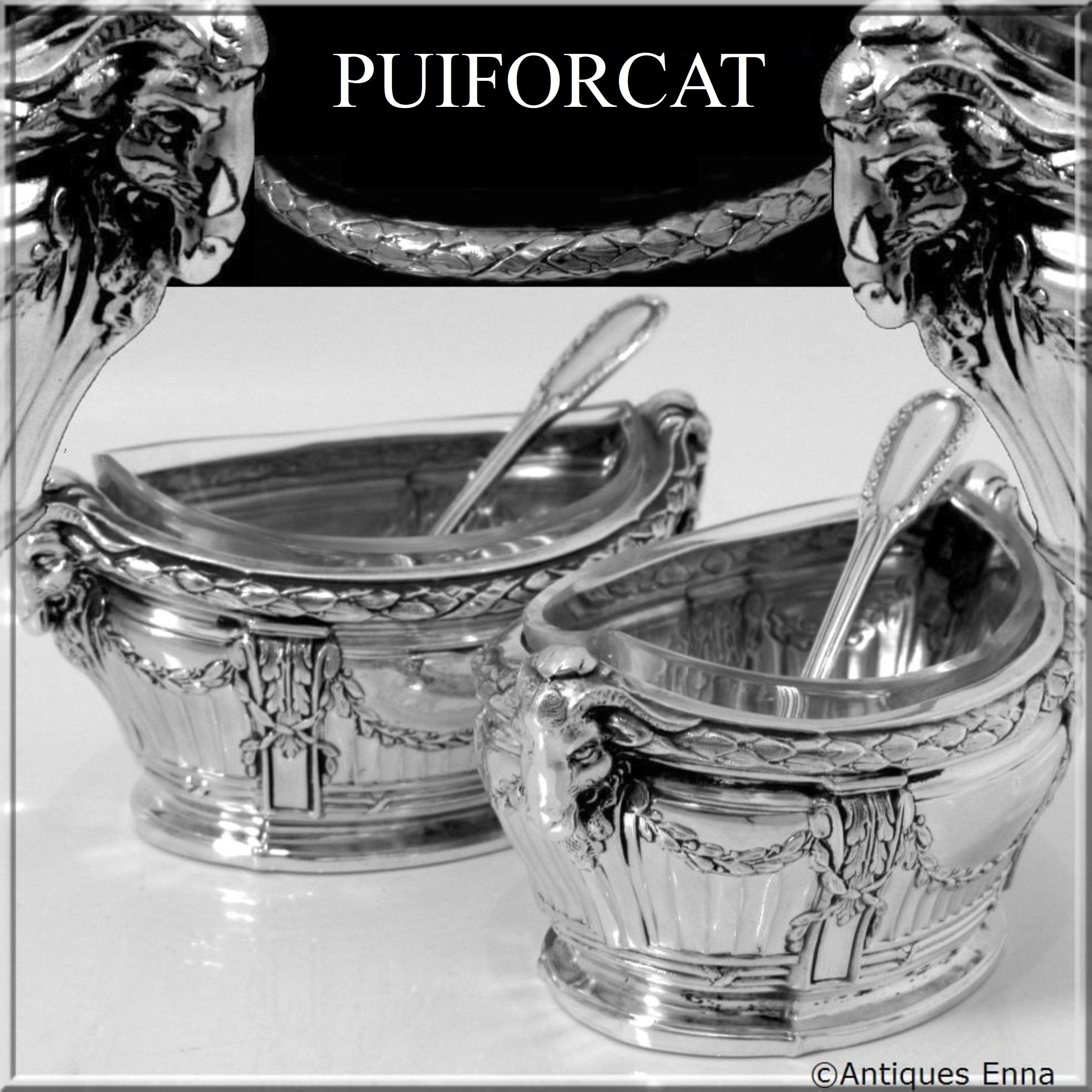 Puiforcat Masterpiece Sterling Silver Salt Cellars Pair, Spoons, Ram's Head For Sale 3