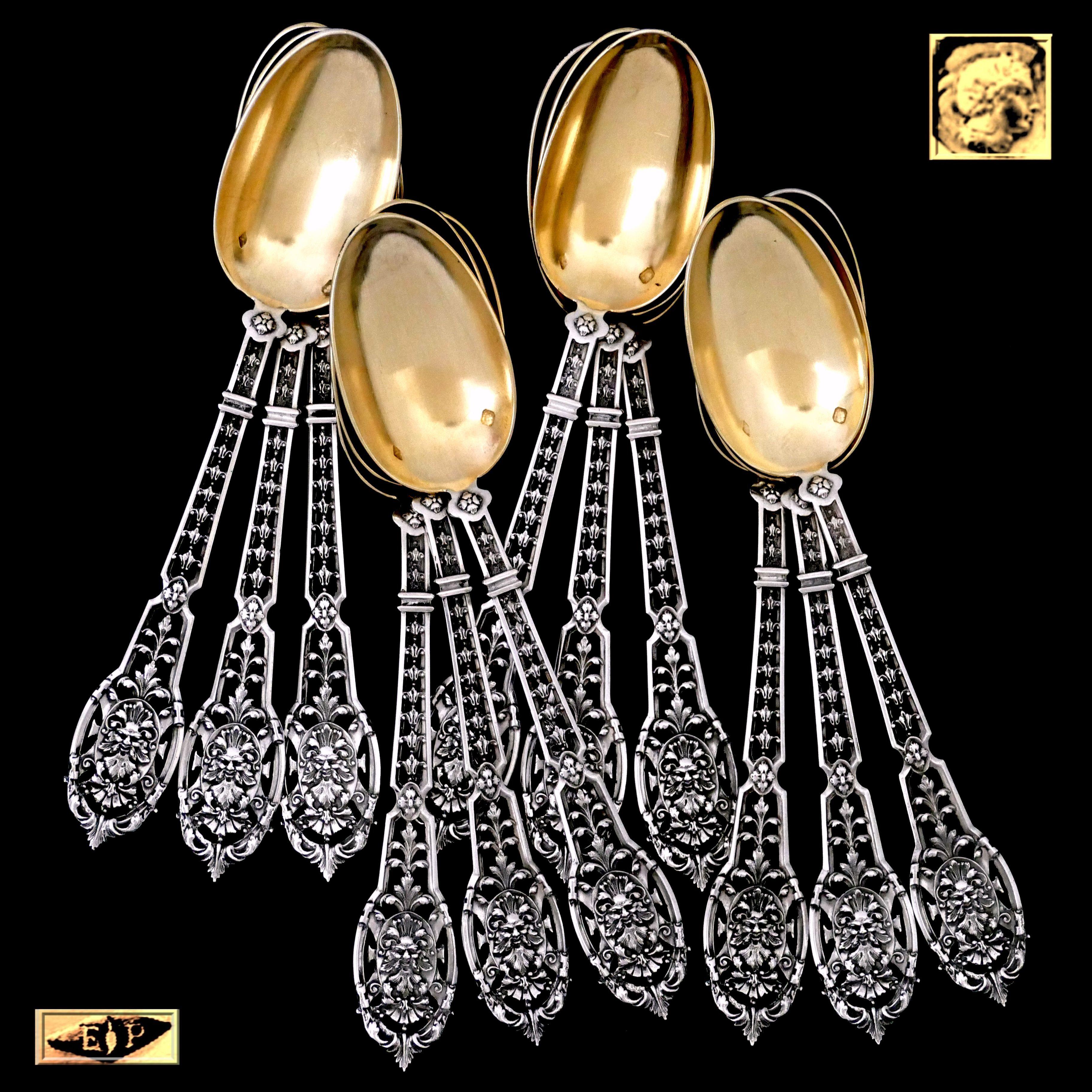 Late 19th Century Puiforcat Masterpiece French Sterling Silver Tea, Coffee Spoons Set, Mascaron For Sale