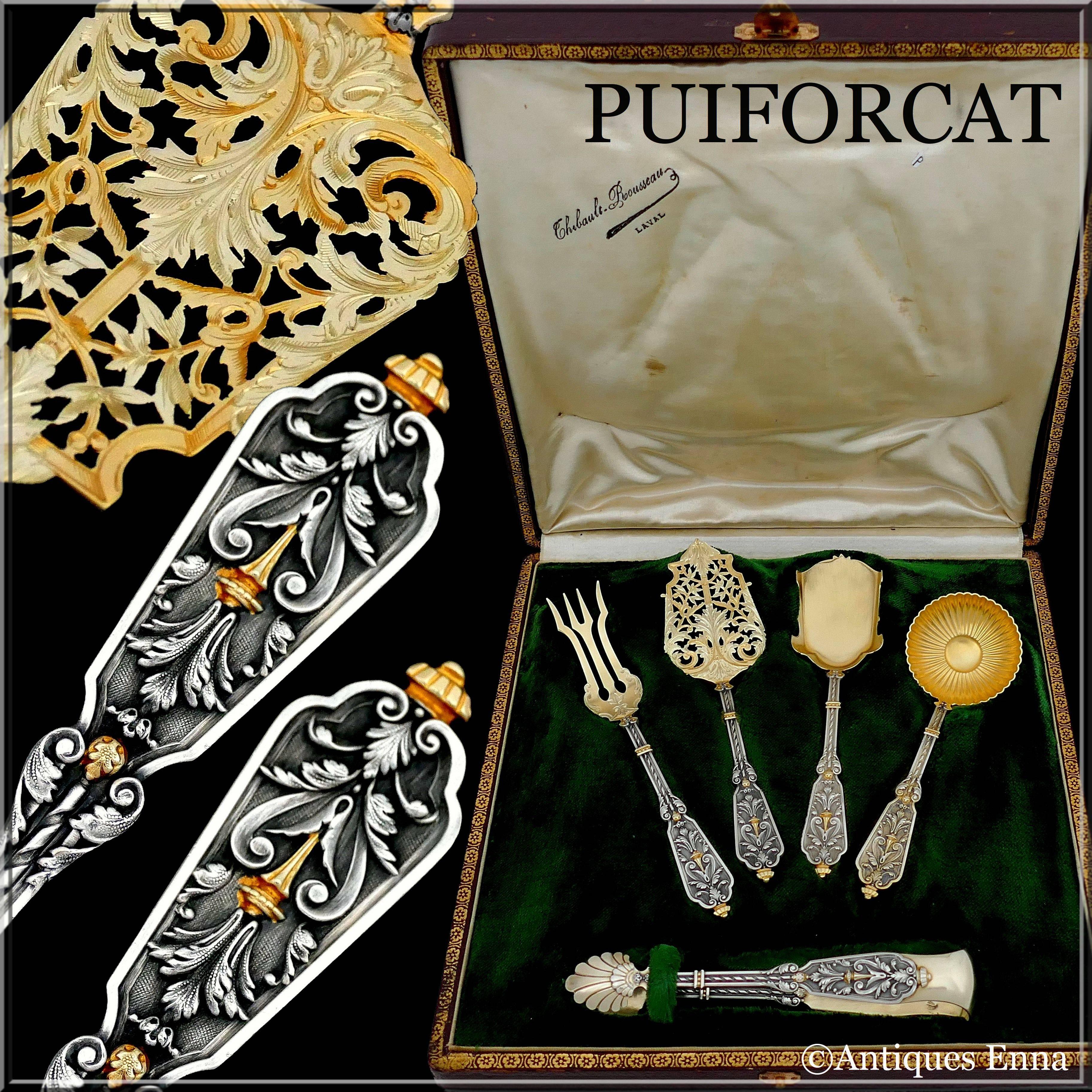 Puiforcat Rare French Sterling Silver 18 Karat Gold Dessert Set Box, Renaissance 9
