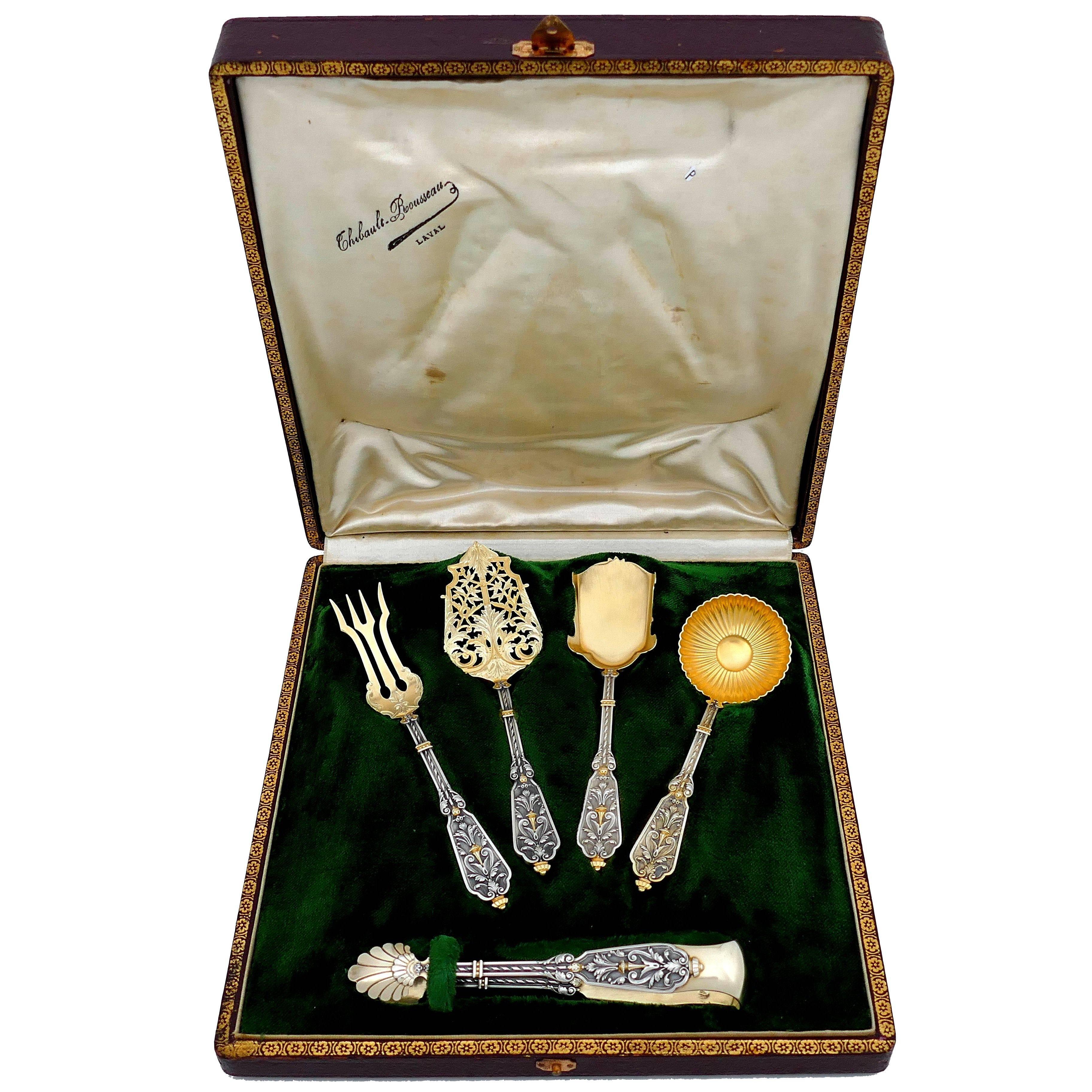 Puiforcat Rare French Sterling Silver 18 Karat Gold Dessert Set Box, Renaissance 11