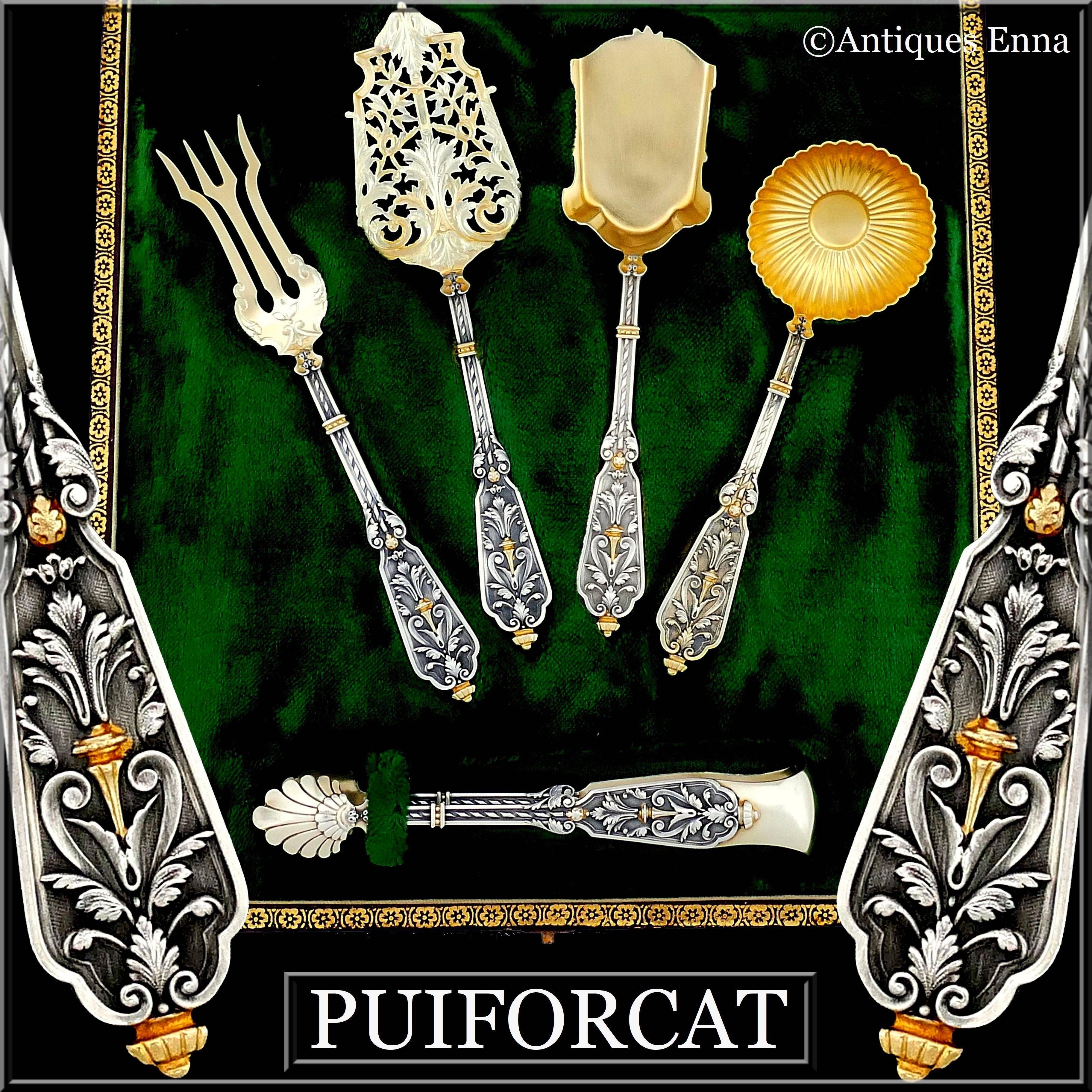 Head of Minerve first titre for the sugar tong, 950/1000 French sterling silver vermeil guarantee. Boar's Head for the other four pieces, 800/1000 French sterling silver guarantee. The quality of the gold used to recover sterling silver is a minimum