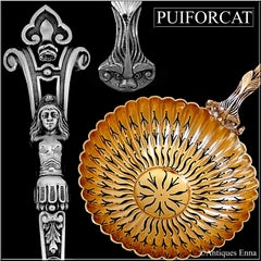 Puiforcat Rare French Sterling Silver 18-Karat Gold Sugar Sifter Spoon, Caryatid