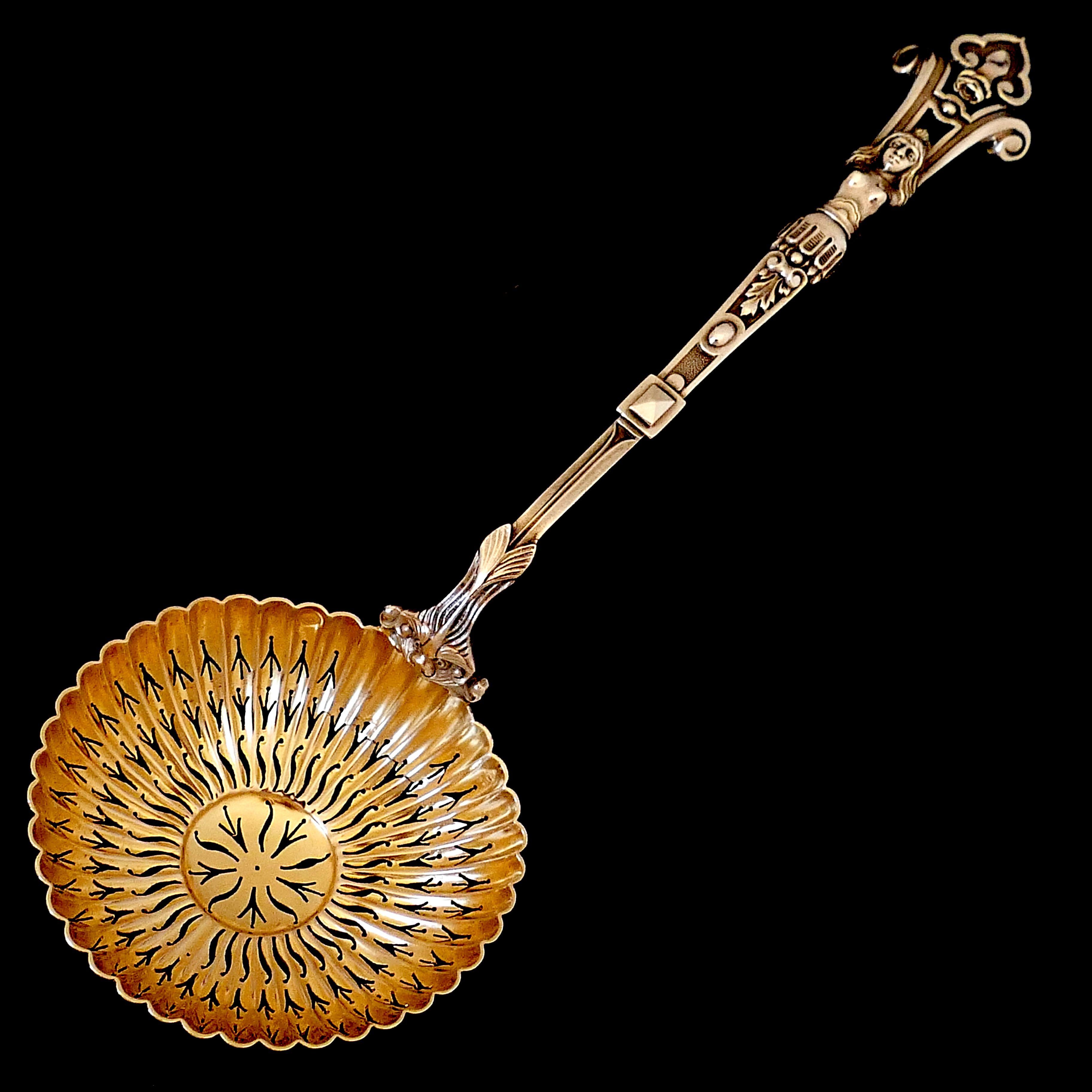 Renaissance Puiforcat Rare French Sterling Silver 18-Karat Gold Sugar Sifter Spoon, Caryatid For Sale