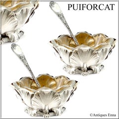 Puiforcat Rare French Sterling Silver Salt Cellars Pair with Spoons, Iris