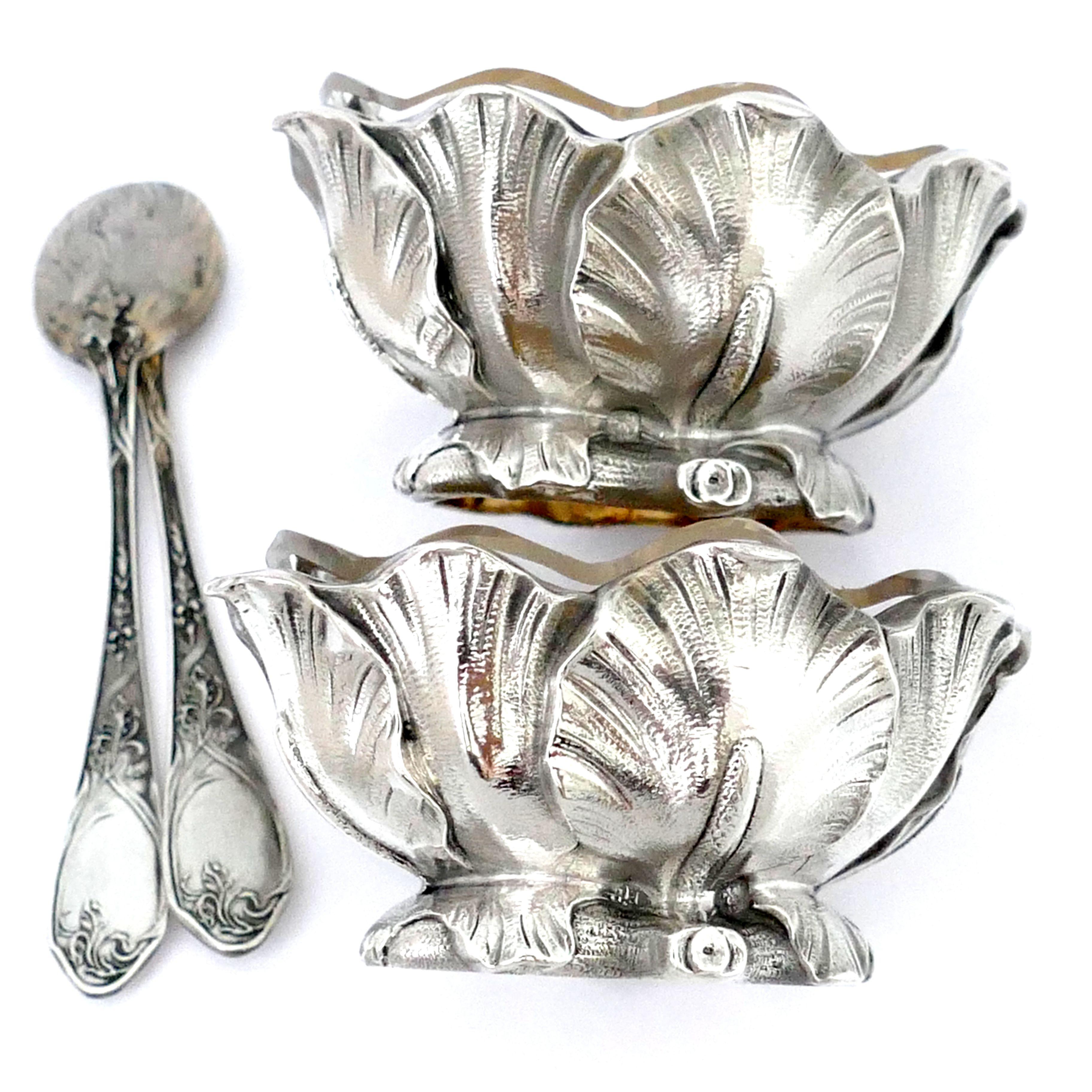 Art Nouveau Puiforcat Rare French Sterling Silver Salt Cellars Pair with Spoons, Iris For Sale