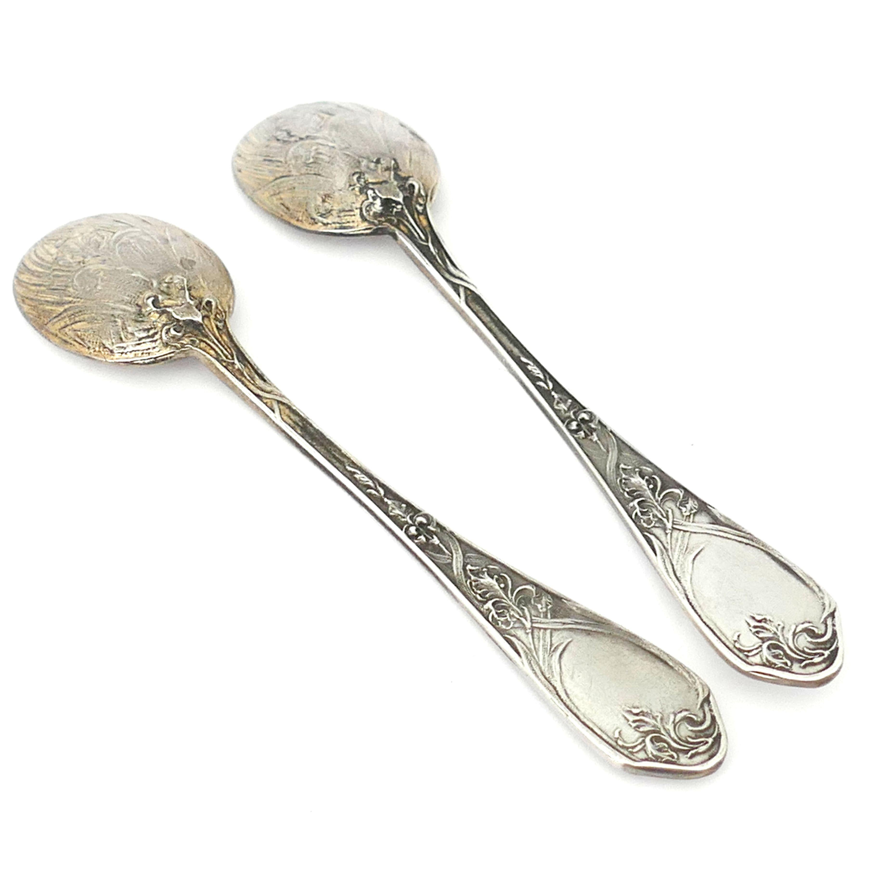 Gold Puiforcat Rare French Sterling Silver Salt Cellars Pair with Spoons, Iris