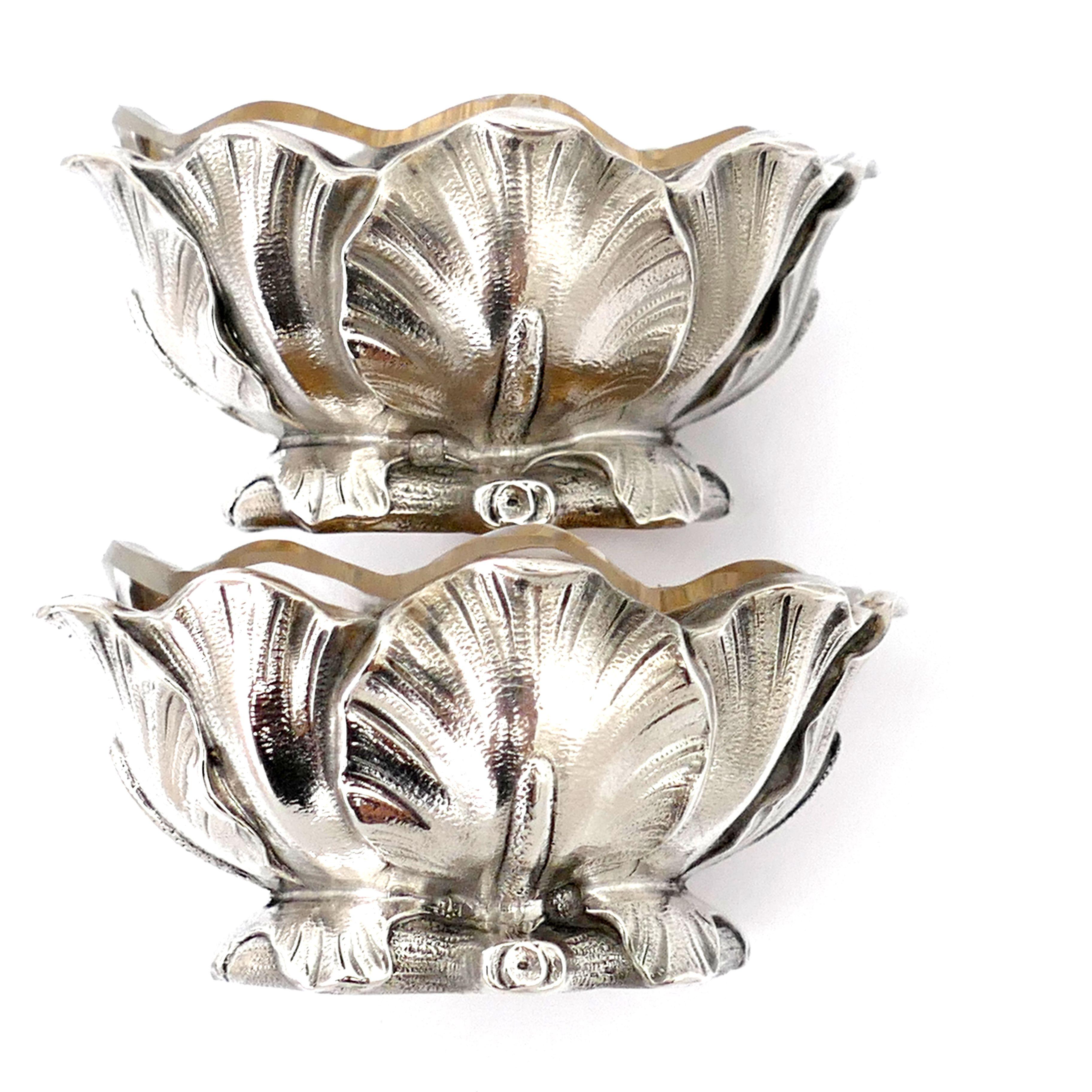 Gold Puiforcat Rare French Sterling Silver Salt Cellars Pair with Spoons, Iris For Sale