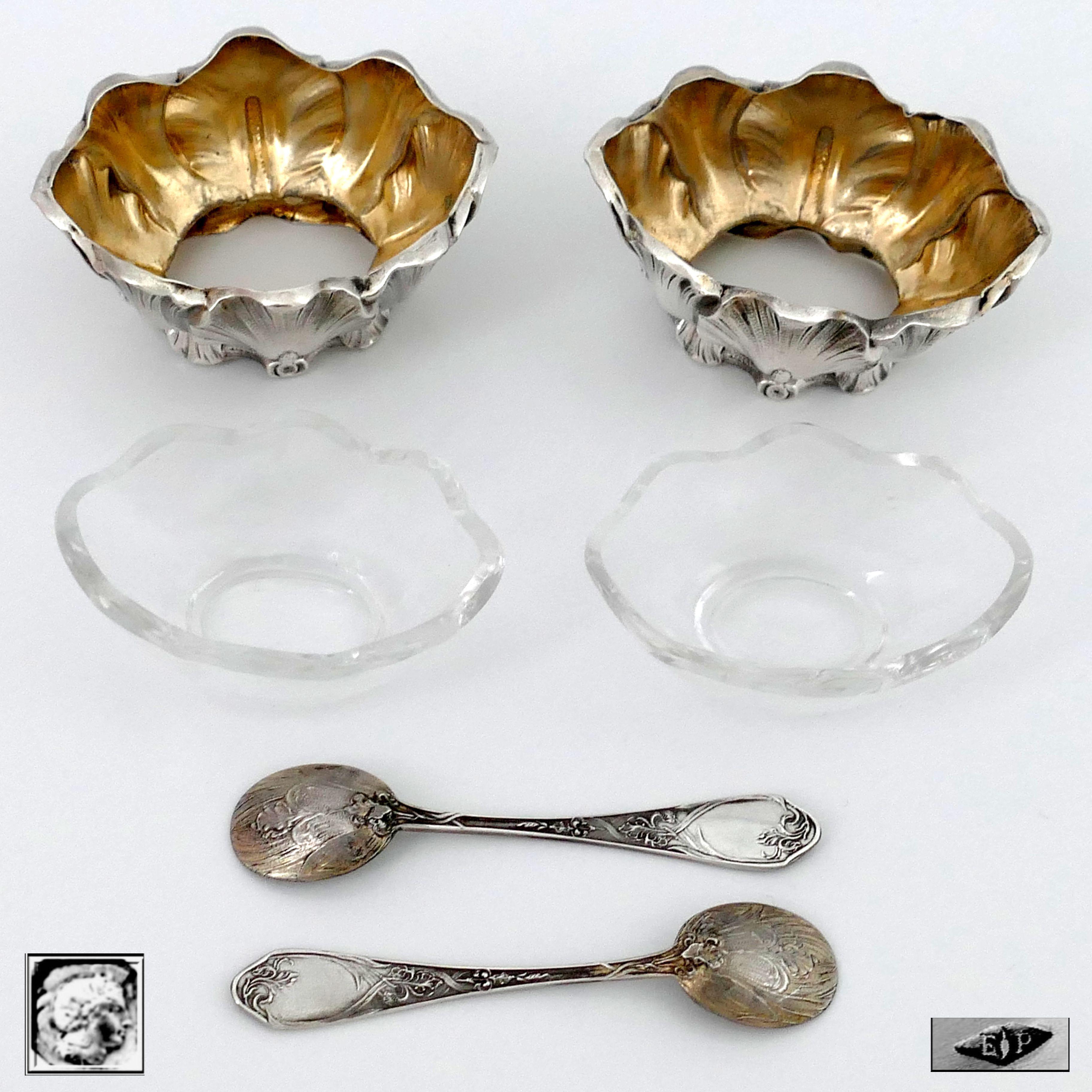Puiforcat Rare French Sterling Silver Salt Cellars Pair with Spoons, Iris 2