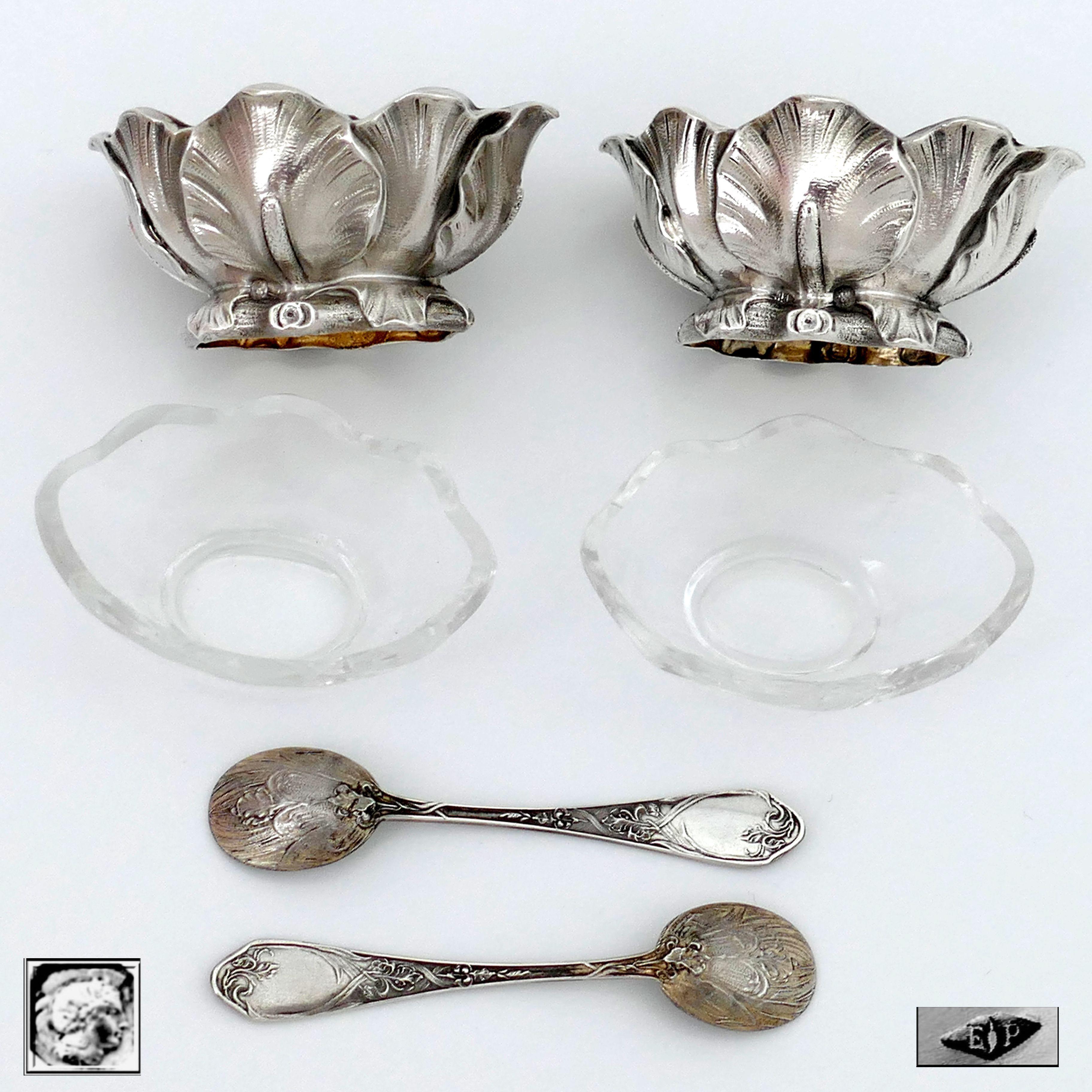 Puiforcat Rare French Sterling Silver Salt Cellars Pair with Spoons, Iris For Sale 2